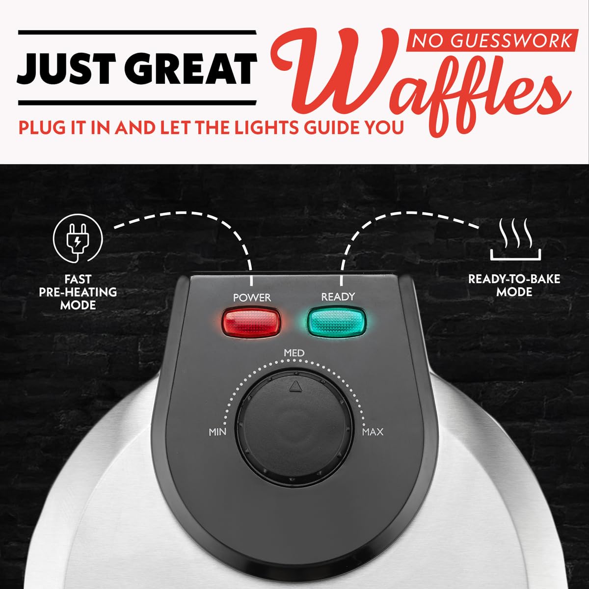 Gourmia Belgian Waffle Maker – Adjustable Browning Control, Nonstick Plates, Ready & Power Indicator Lights, Compact Upright Storage, Cool-Touch Handle