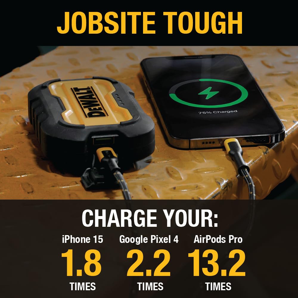 DEWALT Portable Charger, Power Bank, 10,000 mAh Battery Pack with USB-C Port for iPhone 16/16 Plus/16 Pro/16 Pro Max, iPhone 15 Series, iPhone 14/13, Samsung Galaxy