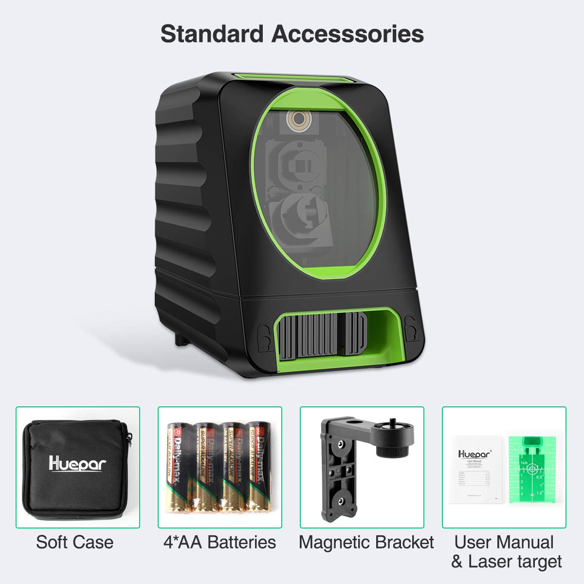 Huepar Box-1G Laser Level Self-Leveling, 150ft Outdoor Green Cross Line with Pulse Mode, 150° Vertical Lines, Magnetic Base & Battery Included – High Precision for DIY and Professional Use
