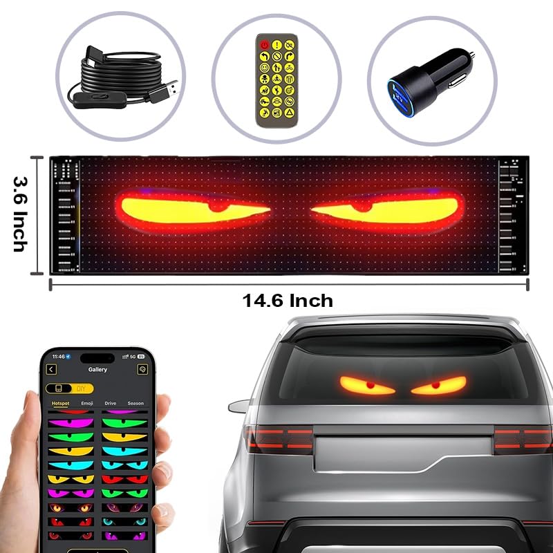 LED Sign for Car – Flexible Devil Eyes Light for Windshield, LED Digital Panel with Animations, Remote Control & Bluetooth APP for Cars, Trucks, Bars, Stores, Hotels(14.6'' * 3.6'')