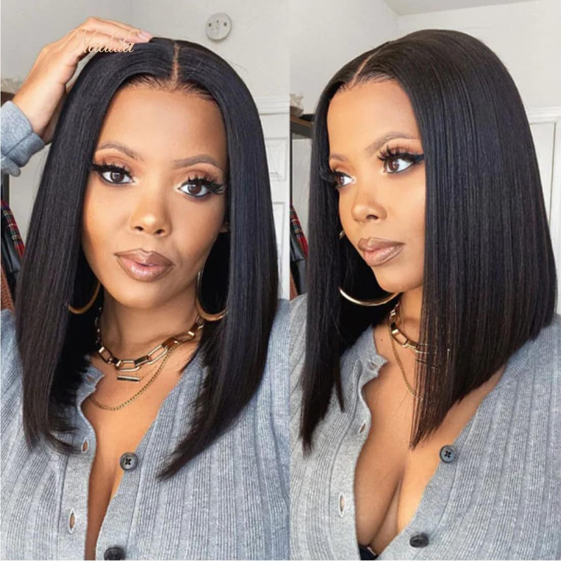 Nadula Bye Bye Knots Glueless Yaki Straight Bob 7x5 Lace Front Wigs Human Hair Pre Plucked Invisible Knots Pre Everything 3S Ready to Wear Short Yaki Bob Wigs Pre Cut 150% Density 14inch