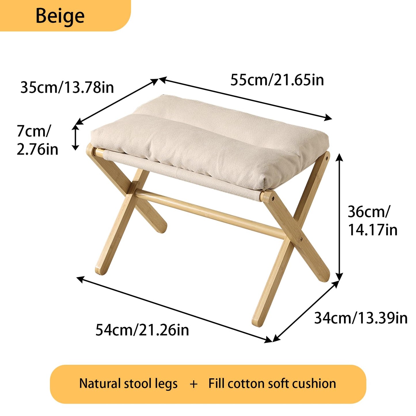 Baveke Folding Upholstered Footrest Stool, Small Accent Ottoman with Thick Cotton Cushion & Bamboo X Legs, Modern Padded Sofa Stool for Makeup Bedroom Living Room (Beige)