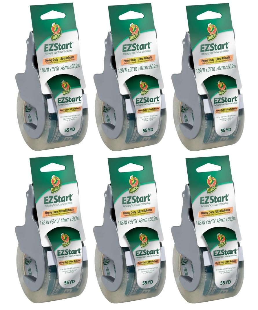 Duck EZ Start Clear Packing Tape with Dispensers – 6 Rolls of Quiet Easy Start Packaging Tape for Boxes, Shipping, Moving & Storage, 1.88 Inch x 55 Yards Each (1259457)