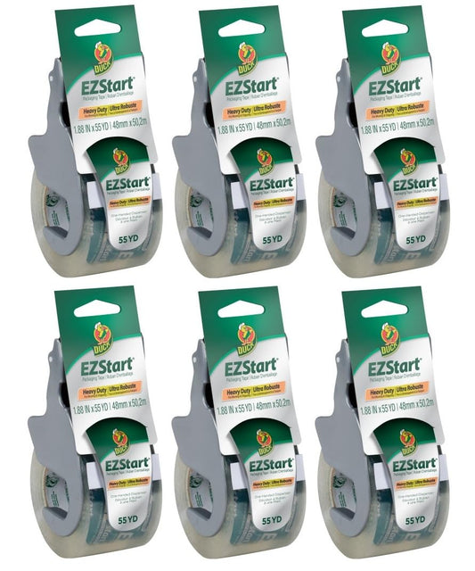 Duck EZ Start Clear Packing Tape with Dispensers – 6 Rolls of Quiet Easy Start Packaging Tape for Boxes, Shipping, Moving & Storage, 1.88 Inch x 55 Yards Each (1259457)