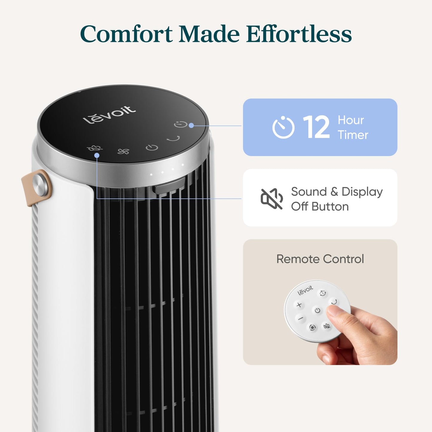 LEVOIT Tower Fan for Bedroom, 20dB Quiet Desk Fan with 23ft/s, Portable & Easy to Carry, 3-Angle & 5-Speed Mini Oscillating Fan, DC Motor, Bladeless, Remoter, 12H Timer, for Home, Room, Office, White