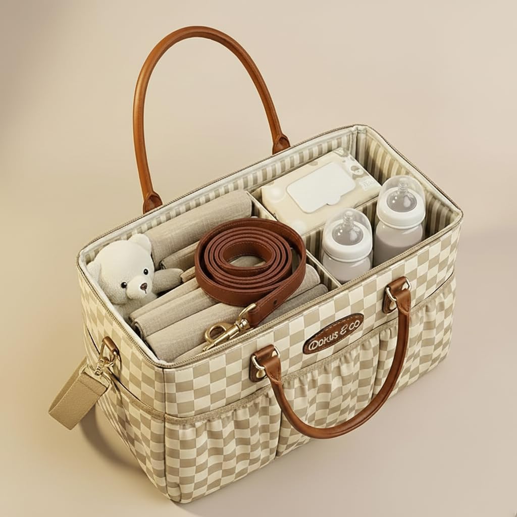 DOKUS & CO Large Diaper Tote Organizer for Baby Essentials, Premium Baby Organization System for Nursery, Car & Travel, Storage Tote with Shoulder Strap, Portable Diaper Caddy Organizer