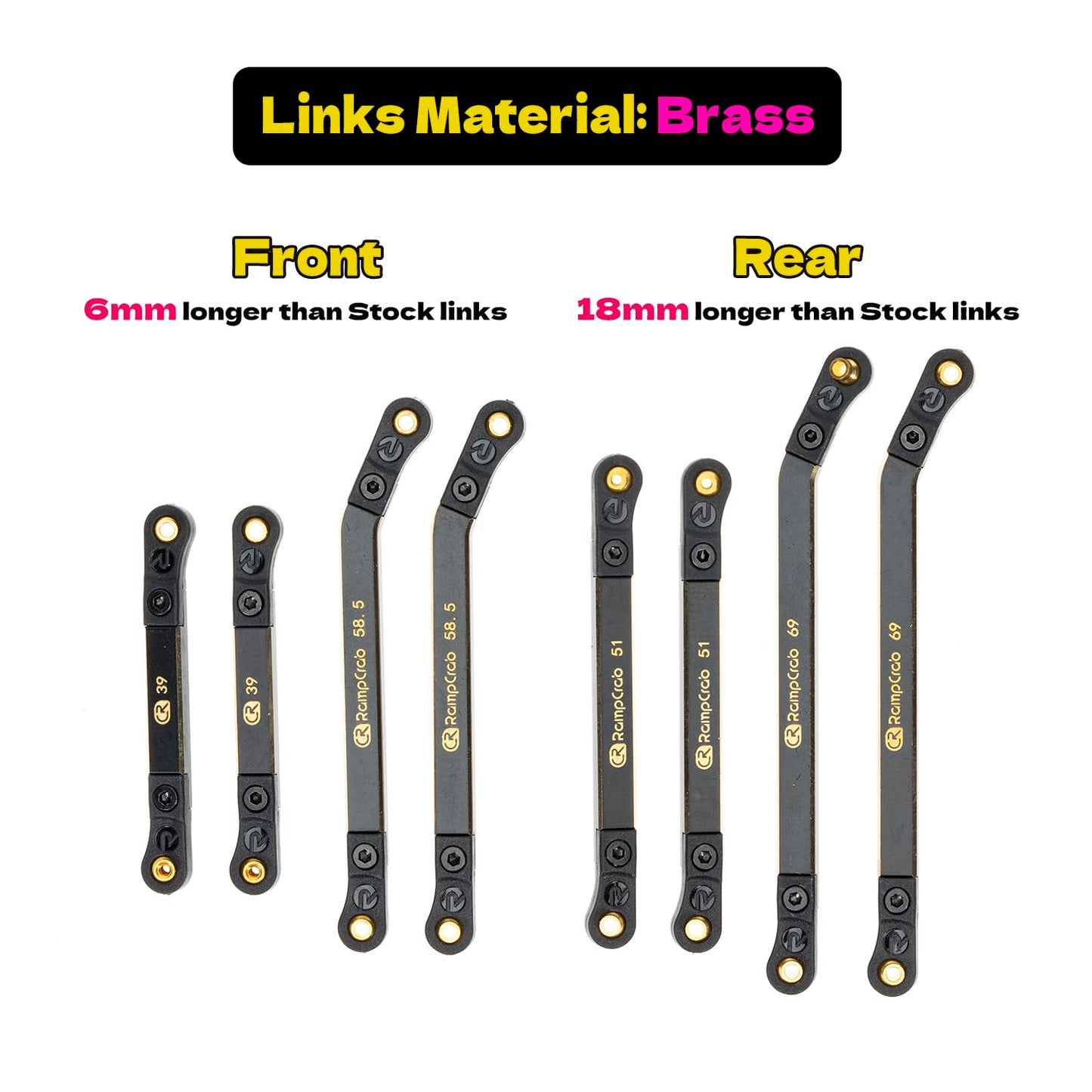 RampCrab High Clearance 4 Links Set for AX24, Front extend 6mm, Rear extend 18, Brass Links Set, Upgrade Parts for AX24 XC-1, Axial 1/24 RC Crawler Car Upgrade Accessories, 8Pcs, Black Coating