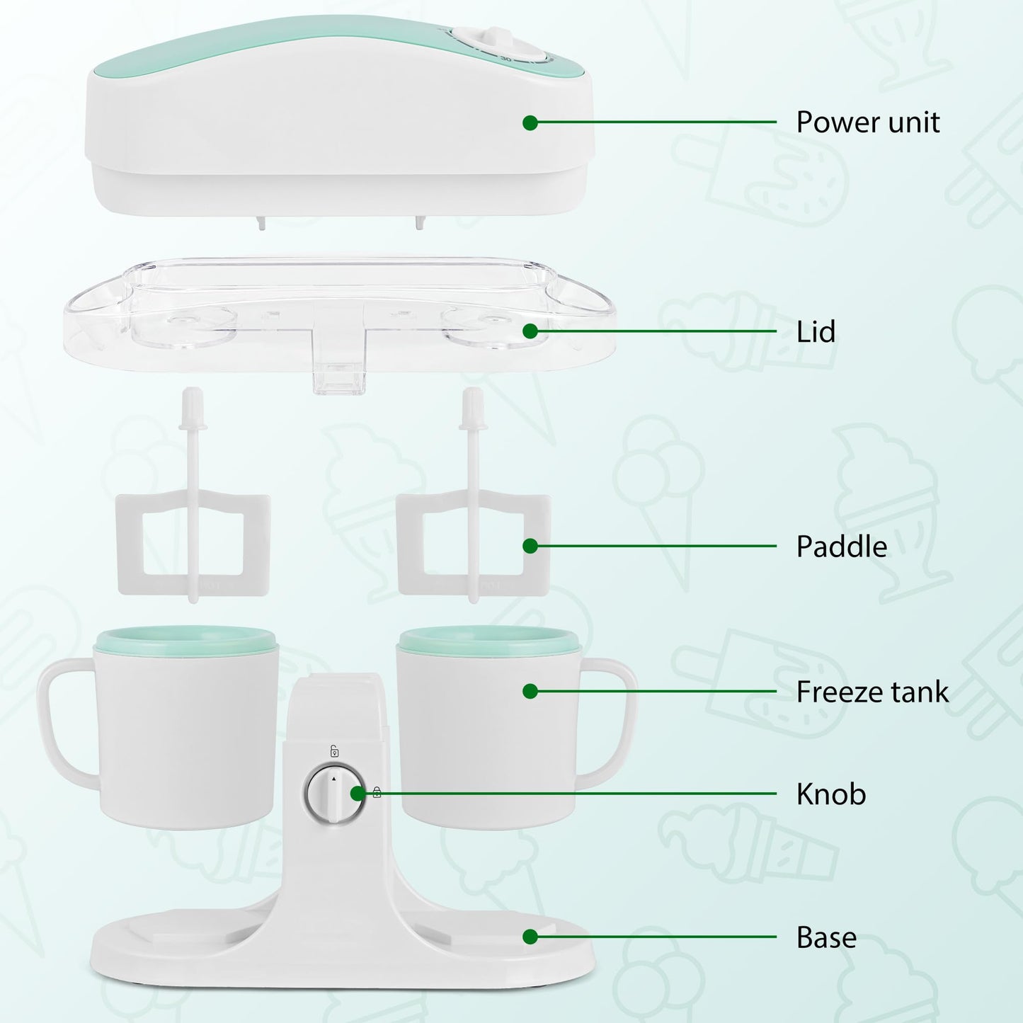 Pukomc Ice Cream Maker Machine for Home Use, with Two Ice Cream Bowls,Simple Operation and Easy to Clean,White Green