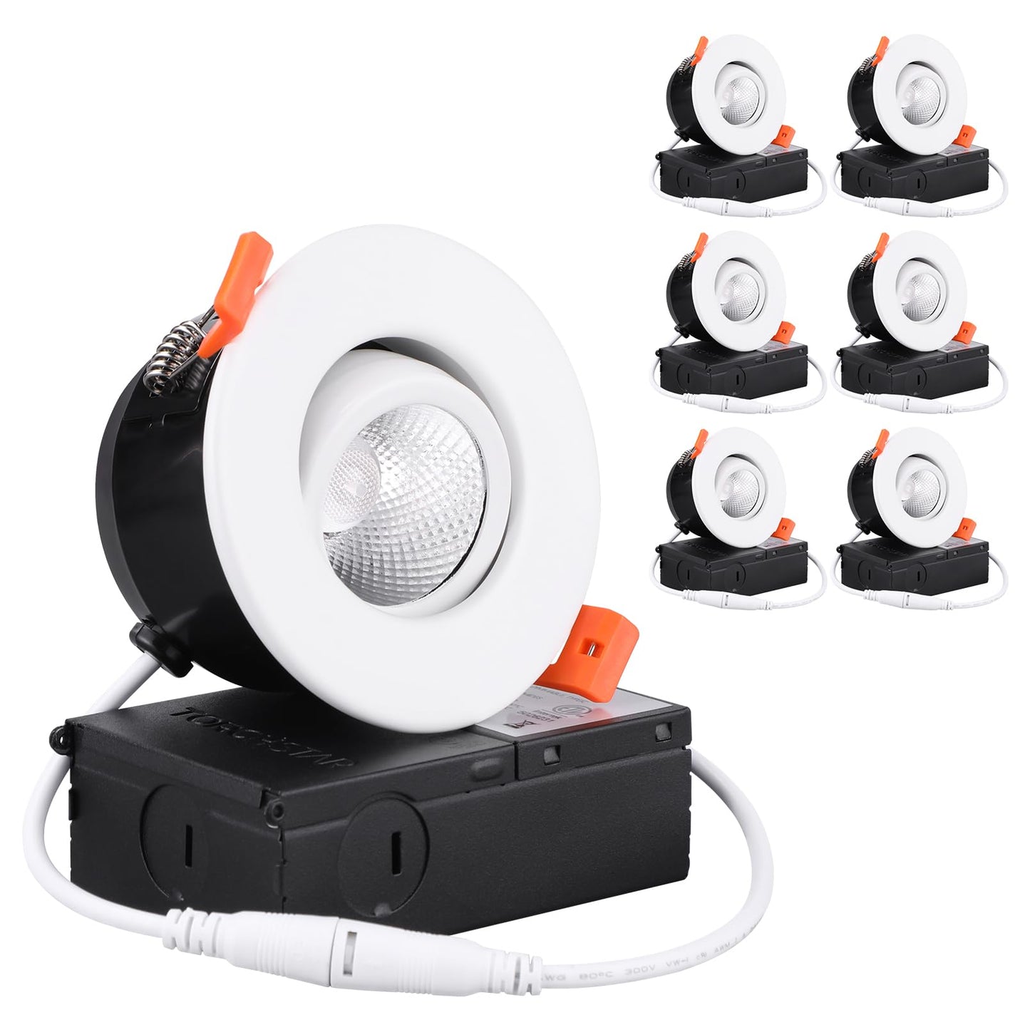 TORCHSTAR 3 Inch Gimbal LED Recessed Light with Junction Box, CRI 90+ Dimmable Swivel Adjustable Eyeball Downlight, 7W (50W Eqv.), Canless LED Ceiling Light, 3000K Warm White, White, Pack of 6