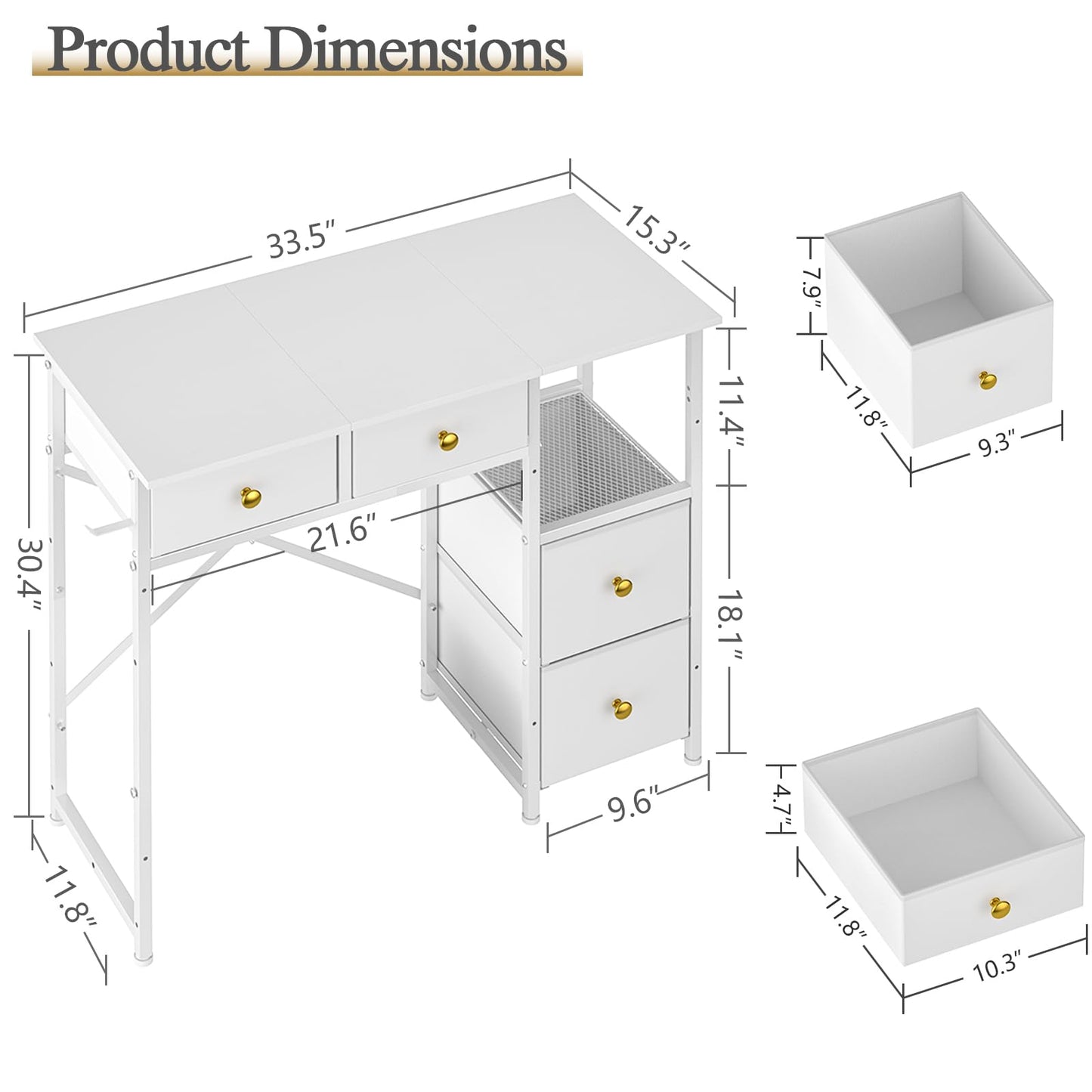 3IngSeagulls Small Computer Desk with 4 Fabric Drawers, Simple Writing Desk for Home Office, Compact Study Desks for Small Spaces, Kids Desk Study for Bedroom, White