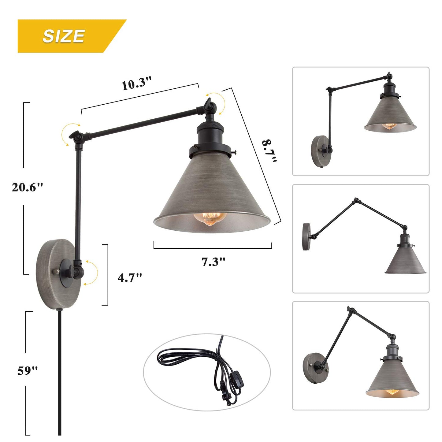 LNC Swing Arm Wall Lamp Modern Plug in Wall Sconce Hardwired Adjustable Farmhouse Wall Light Fixture, Brushed Antique Silver (2 Pack)