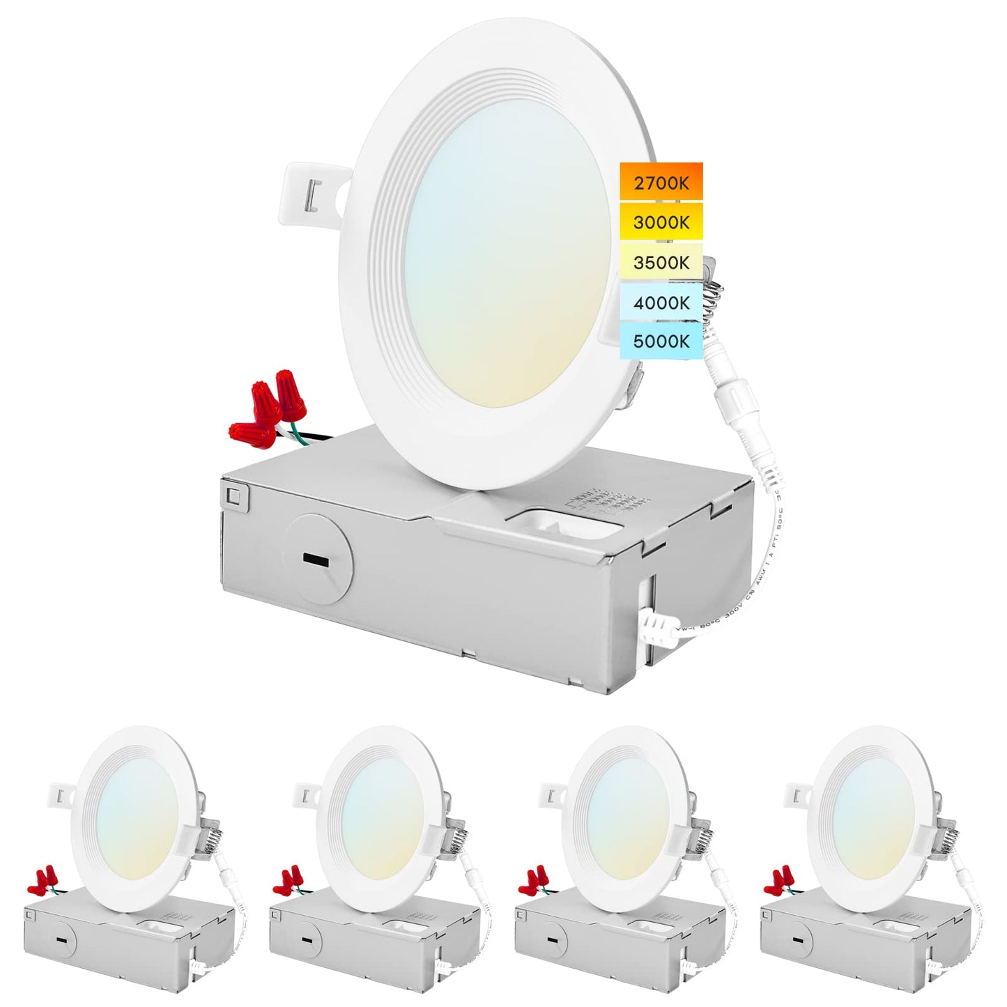 LUXRITE 4 Inch Ultra Thin LED Recessed Lighting, 10.5W, 5 Color Selectable 2700K | 3000K | 3500K | 4000K | 5000K, CRI 90, 750 Lumens, Dimmable LED Wafer Lights, Wet Rated, Baffle Trim (4 Pack)