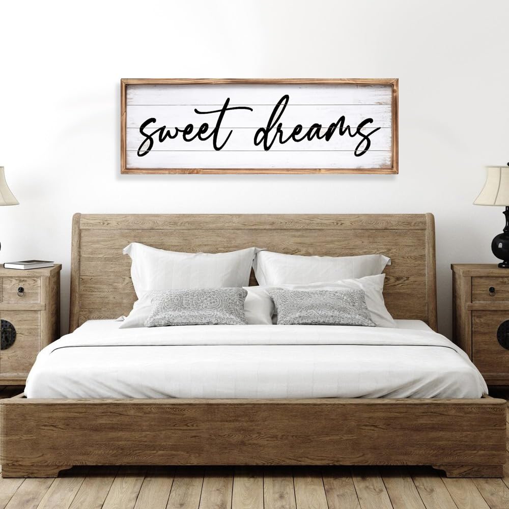 UPPER DECOR Sweet Dreams Wall Decor Above Bed 42''×15'' Large Bedroom Wall Sign Farmhouse Bedroom Sign Wood Framed Guest Room Decor Master Bedroom Wall Decoration