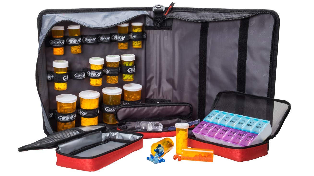 Med Manager Medicine Supply Organizer with Insulin Cooler Travel Case, Holds (15) Pill Bottles - (11) Standard Size and (4) Large Bottles, Black, 13 inches x 13 inches x 4.5 inches
