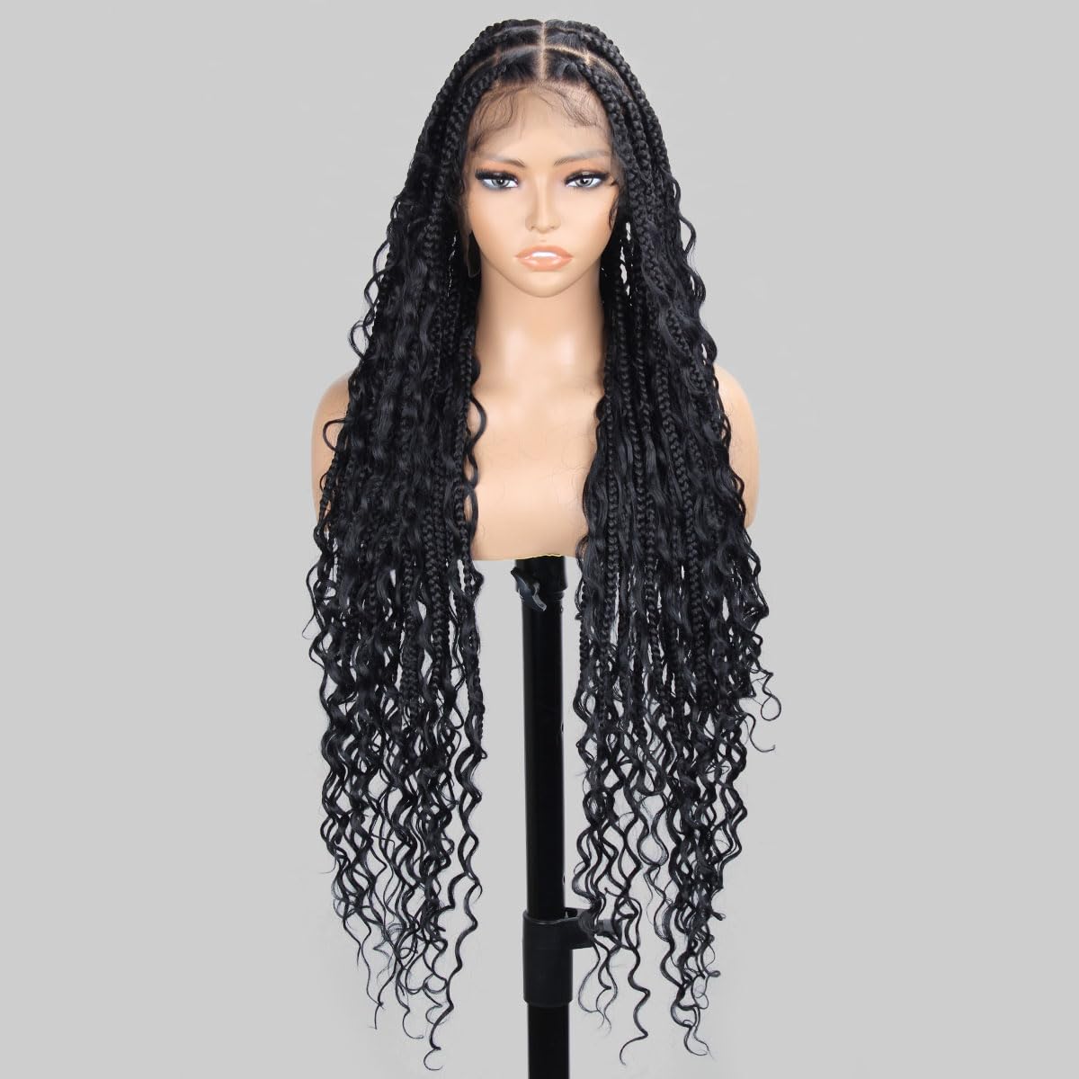 Vecago 36 inch Single Full Lace Boho Braided Wigs for Black Women, 360 HD Lace Knotless Box Braid Wigs with Baby Hair Black Synthetic Braid Wig