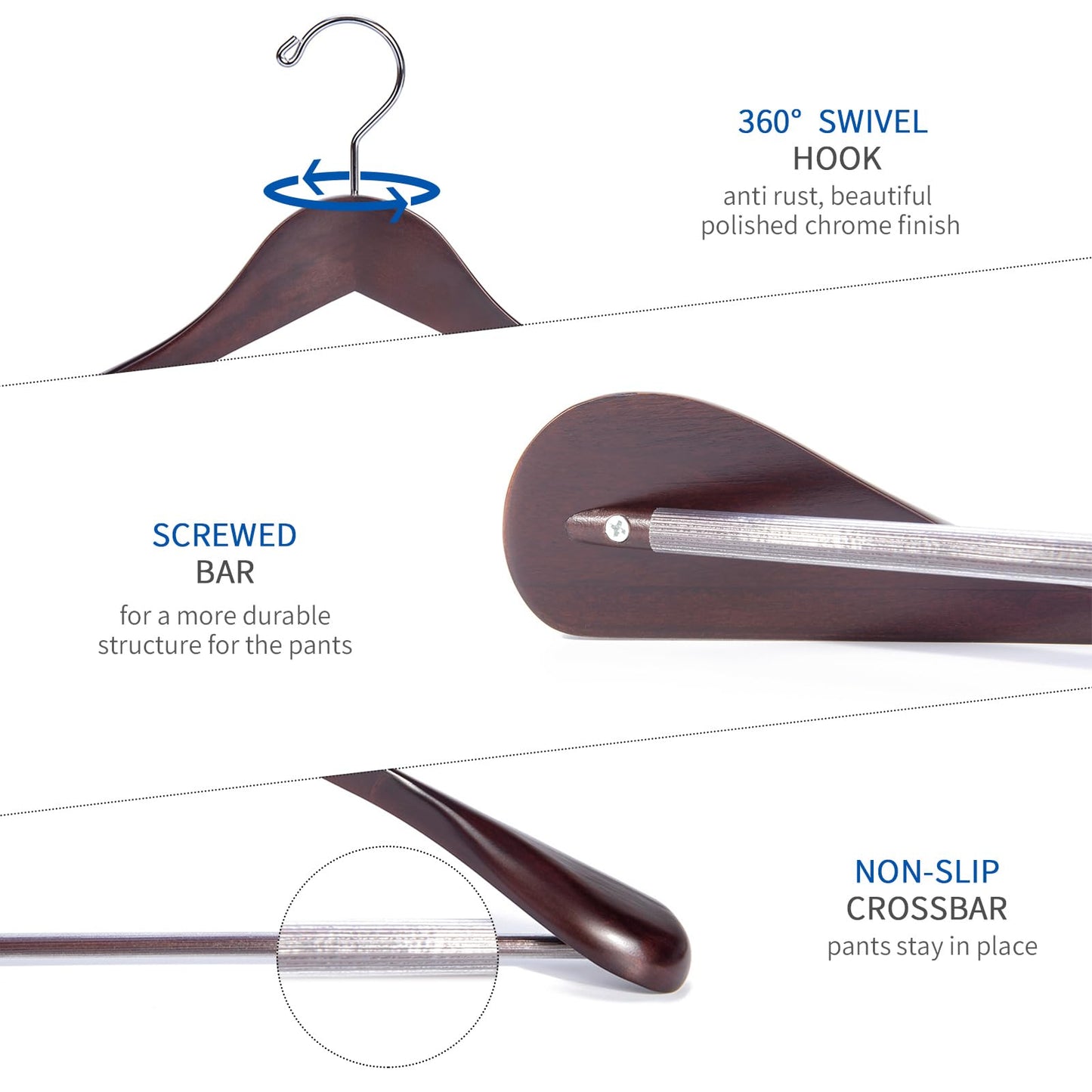 Nature Smile Luxury Mahogany Wooden Suit Hangers - 12 Pack - Wood Coat Hangers,Jacket Outerwear Shirt Hangers with Extra-Wide Shoulder, 360 Degree Swivel Hooks & Anti-Slip Bar with Screw