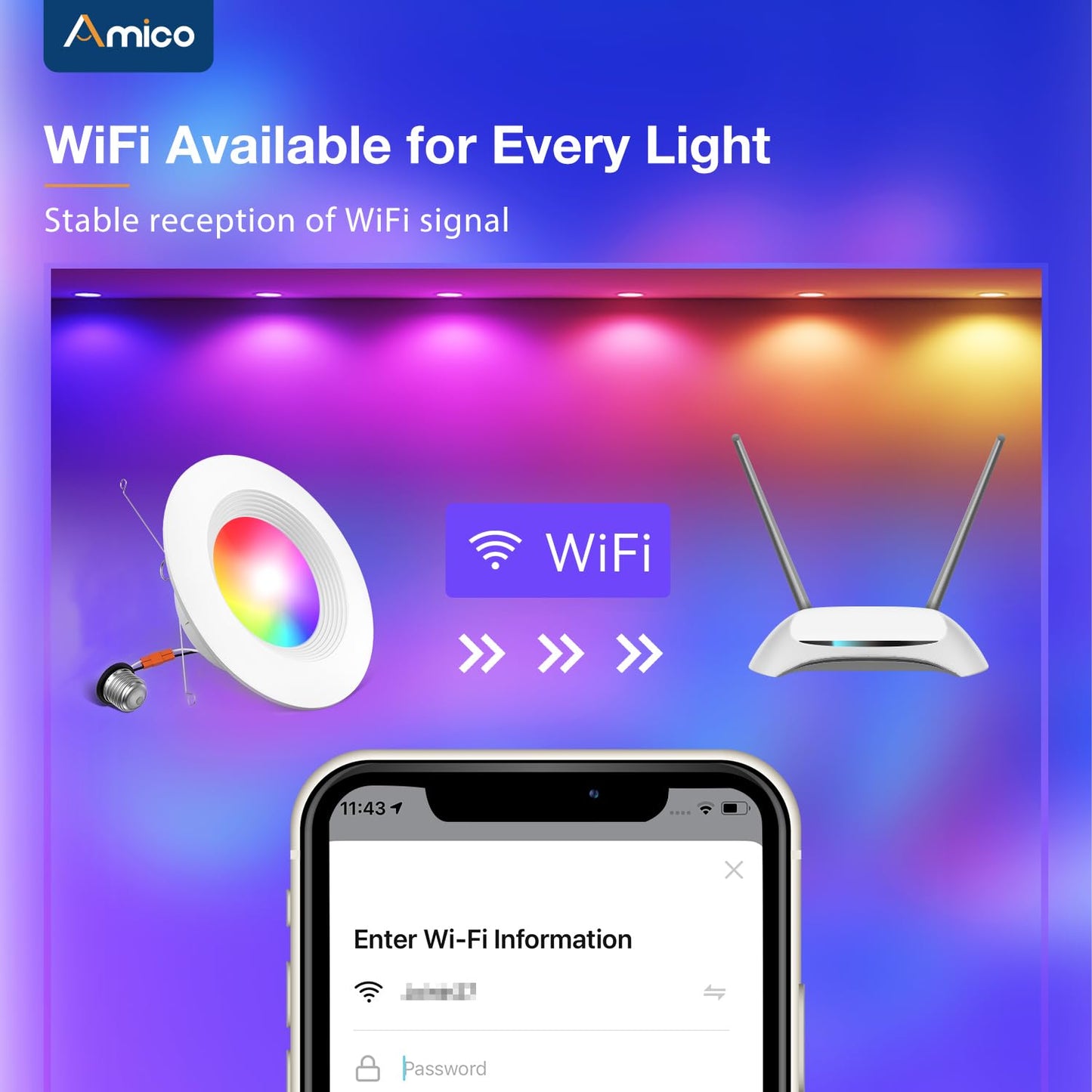 Amico 6 Pack 5/6 Inch Smart WiFi LED Recessed Can Lights, RGBCW Color Changing Retrofit Recessed Lighting, Baffle Trim, APP Control, Dimmer Compatible, 12W=110W 1100LM, IC & ETL