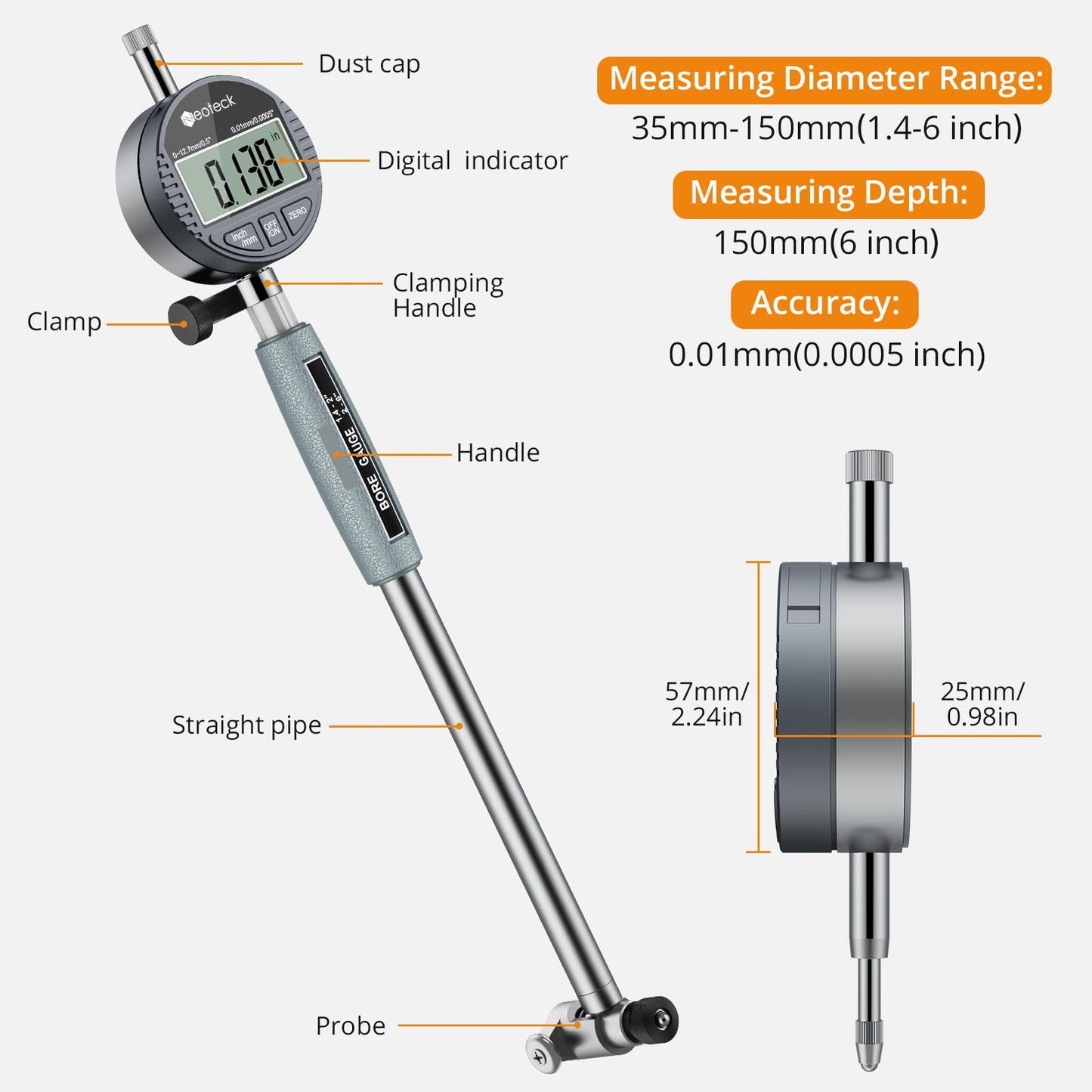 Neoteck 1.4-6"/0.0005" Digital Indicator Bore Gauge Set with 15PCS Anvils 6" Measuring Depth Dial Bore Gauge with ABS Storage Box for Engine Cylinder Measurement