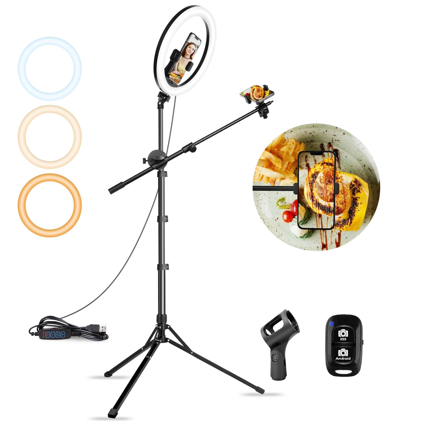 Aureday 12″ Selfie Ring Light with Stand & Extendable Arm-Overhead Ringlight Tripod for iPhone with Mic Mount & 2 Phone Holders, Circle Lighting for Tiktok/Live Streaming/Video Recording/Music/Cooking