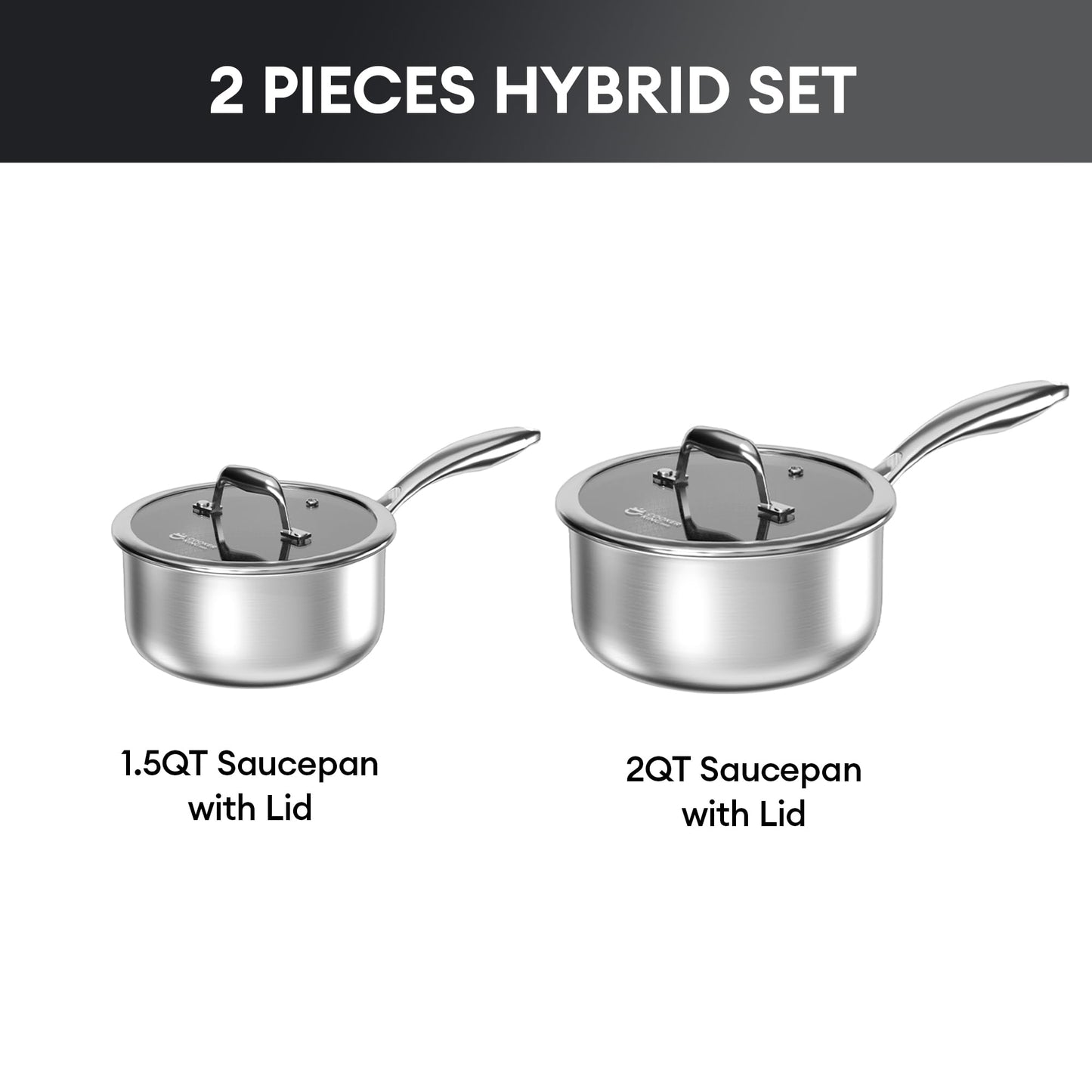 COOKER KING Sauce Pan Set, 1.5 QT & 2 QT Saucepan with Lid, Hybrid Ceramic Nonstick Saucepan, non stick Sauce pot, Stainless steel Cookware, Induction Compatible (PFAS/PFOA/PTFE Free)