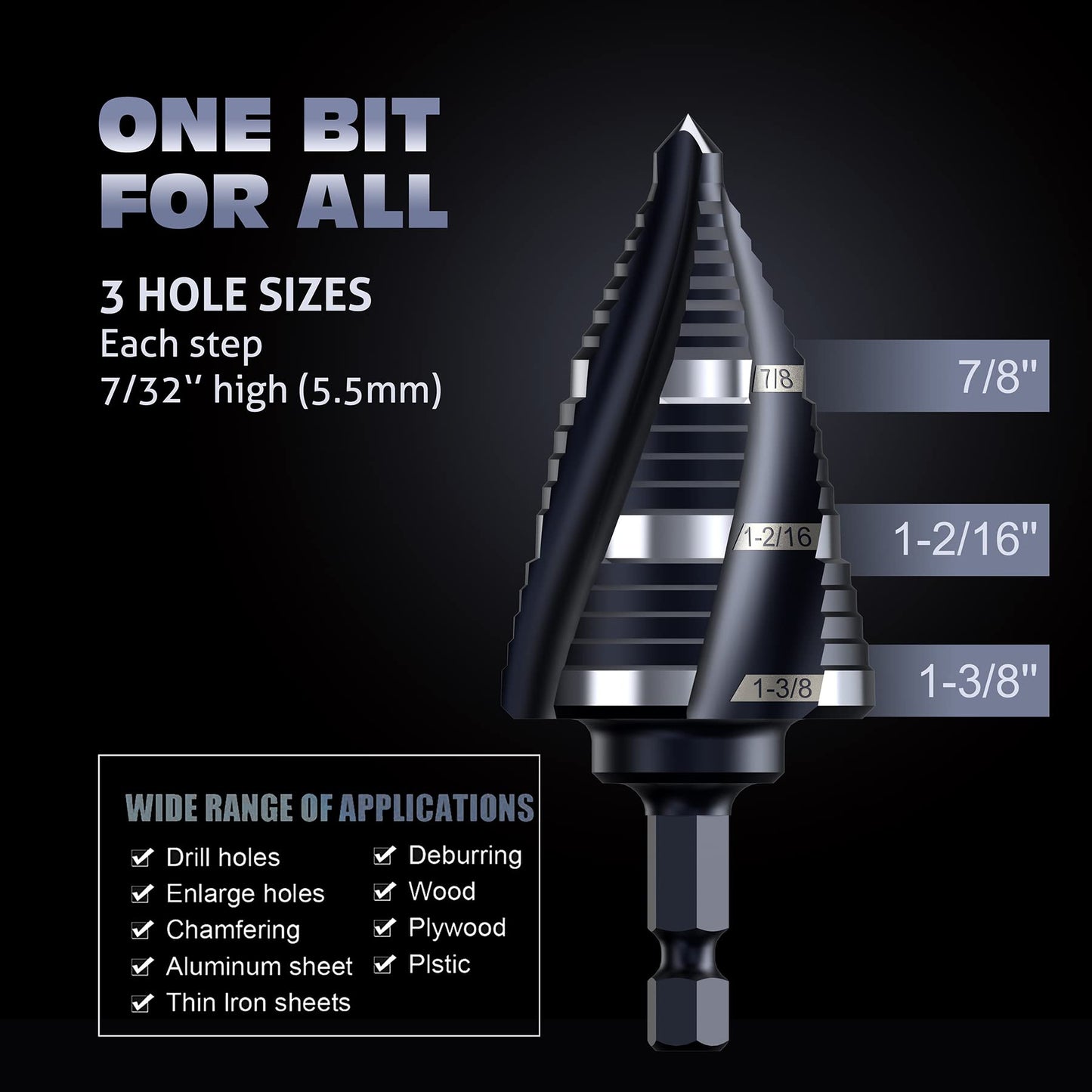 M35 Cobalt Step Drill Set, Four Spiral Flute Cobalt Step Drill Bit,1/4" - 1-3/8"(19 Step Size), for Stainless Steel, Wood, Aluminum, Plastic, Great for DIYers