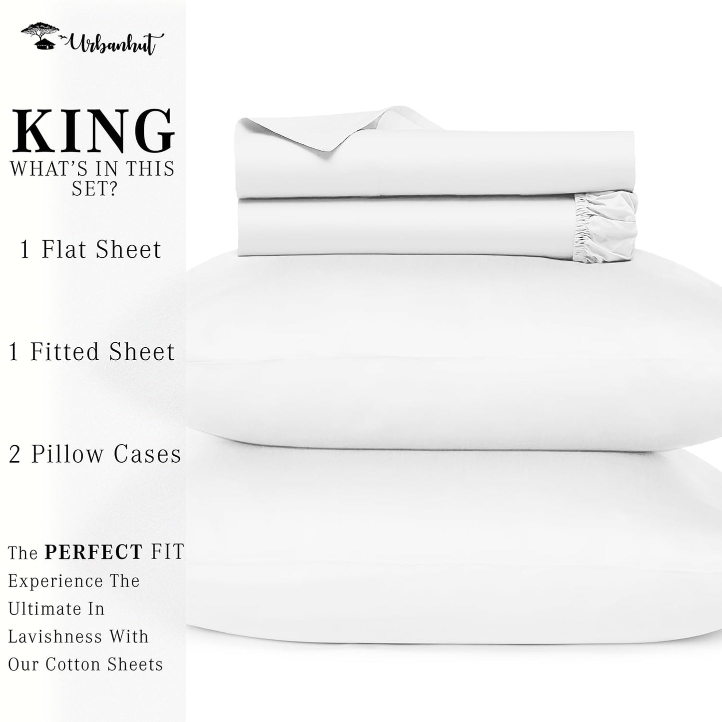 URBANHUT 700 Thread Count Egyptian Cotton Sheets King Size, 4Pc Sheet Set Soft Luxury Bed Sheets for King Size Bed, Sateen Weave Hotel Sheets, 16'' Elasticized Deep Pocket - White