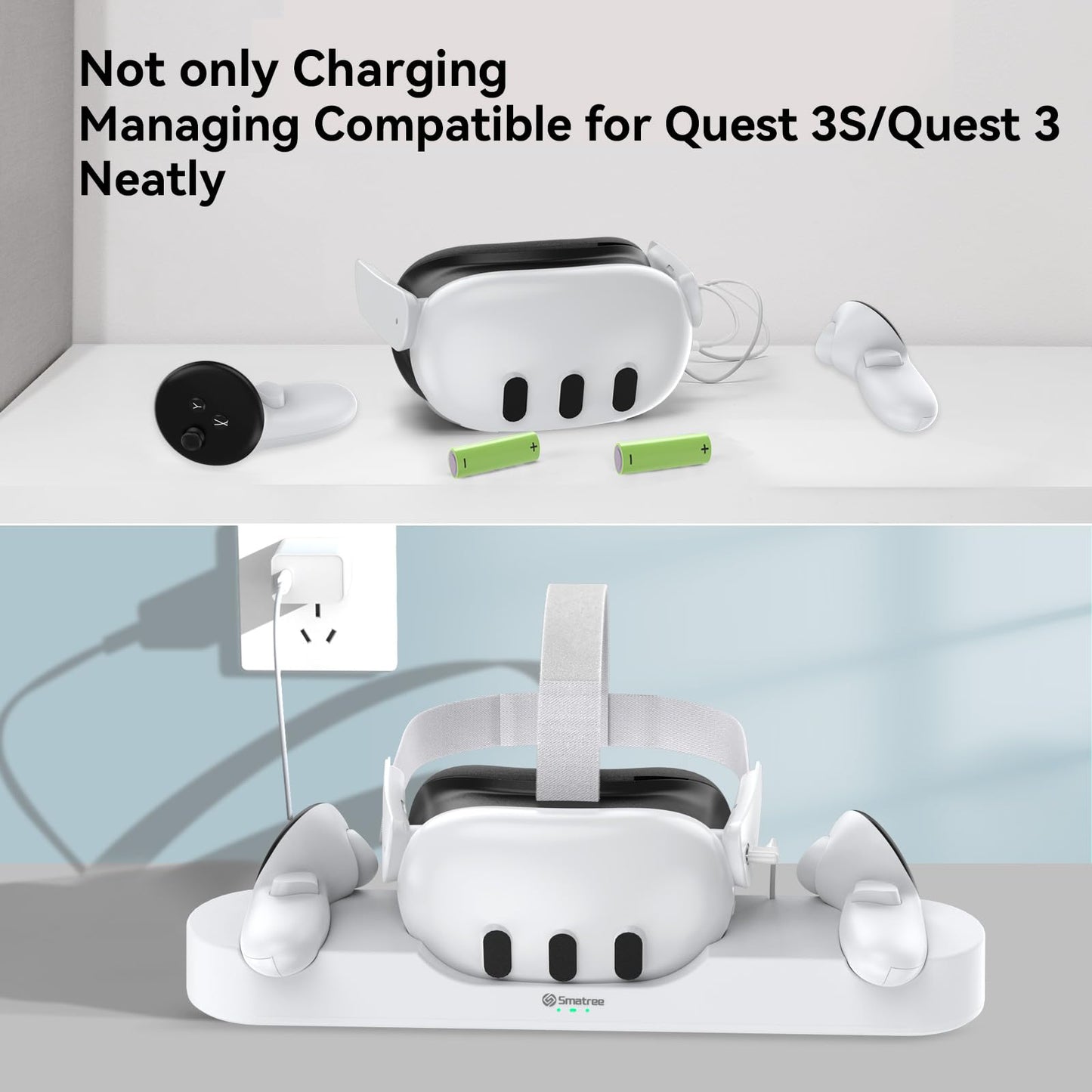 Smatree Charging Dock Compatible for Meta Quest 3S/Quest 3,Charge Controllers and Headset Simultaneously, VR Charging Station with LED Light, with 2 Rechargeable Controller Batteries(NO Adapter)