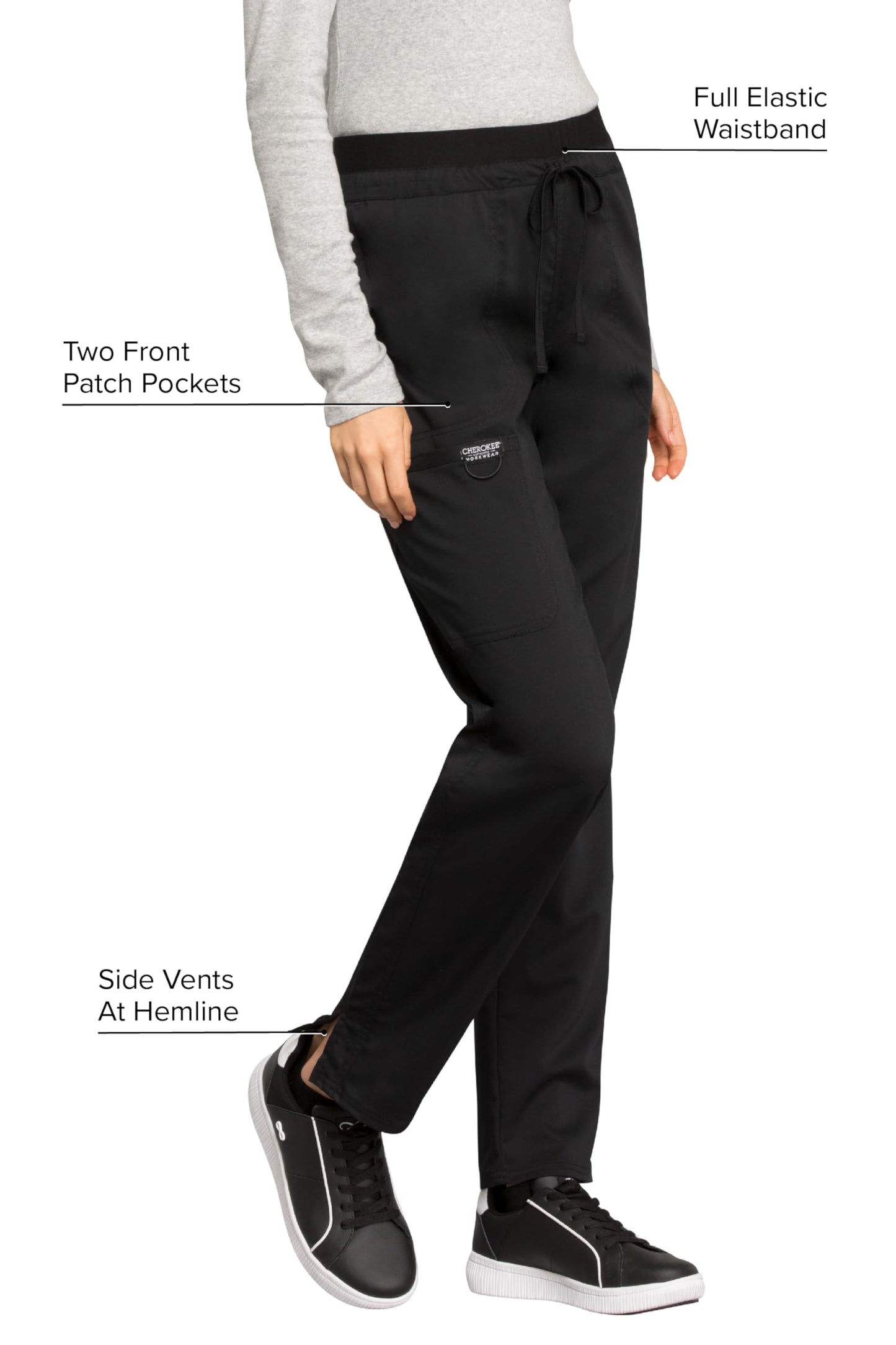 Cherokee Scrub Pants for Women Mid Rise Tapered Leg Drawstring Bottom WW105, L, Black