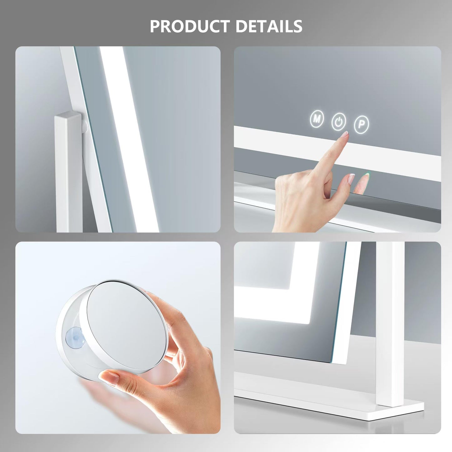 Gvnkvn Lighted Makeup Mirror, Hollywood Vanity Mirror with Lights, Three Color Lighting Modes, and Detachable 10X Magnification Mirror, Smart Touch Control, 360°Rotation (15.2in. Curved)