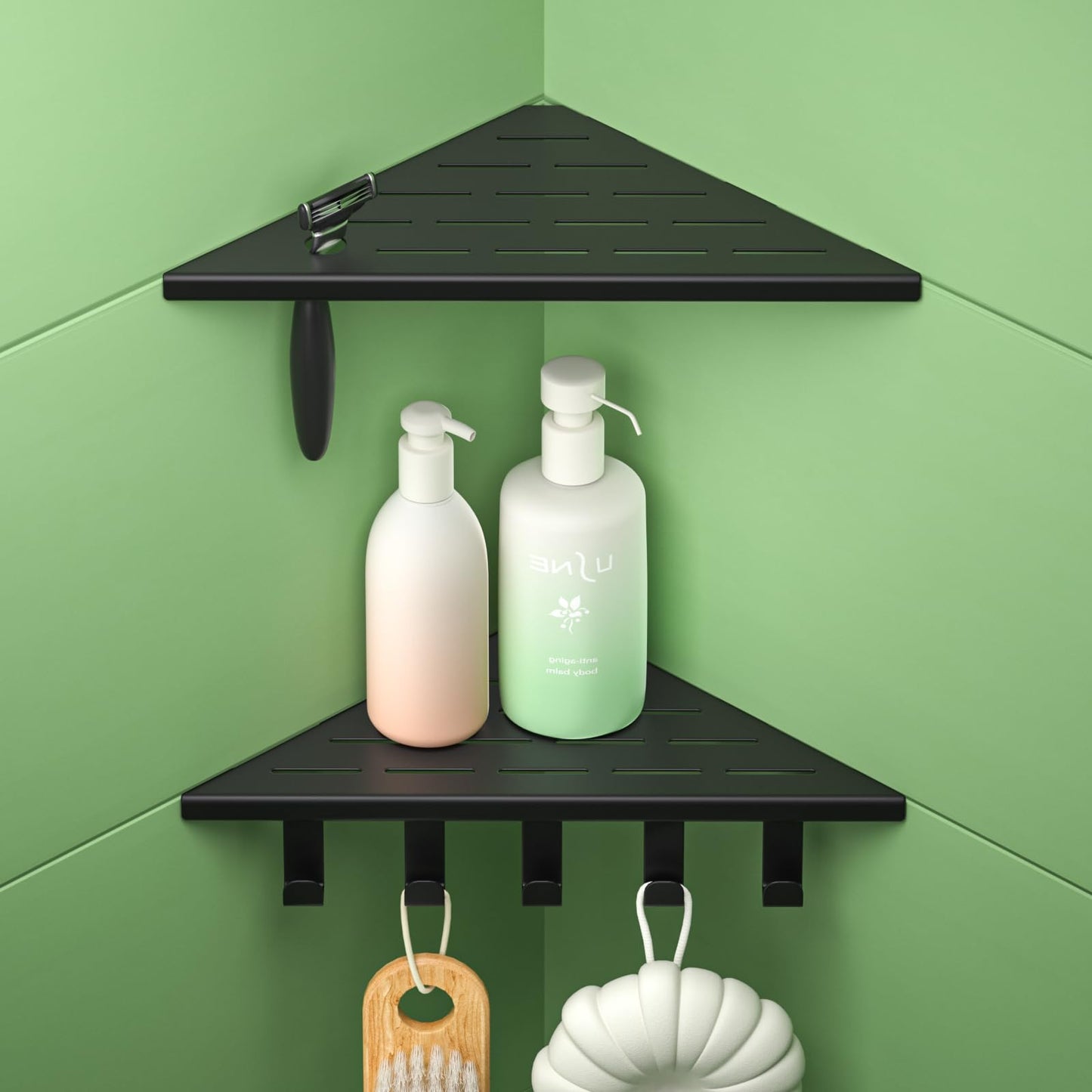 Bernkot 10'' Corner Shower Shelf, 304 Stainless Steel Shelves for Bathroom, Grout in Shelf with Hooks for Tiled Wall (Matte Black)