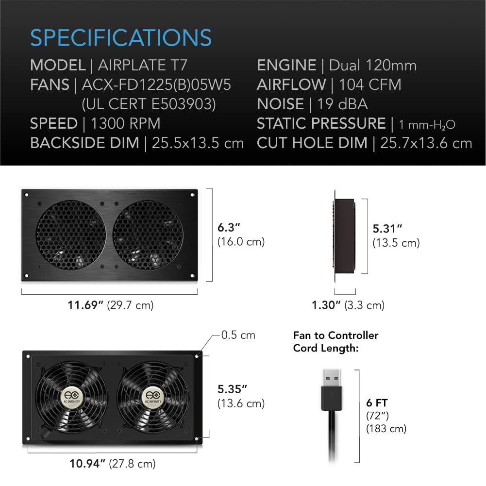 AC Infinity AIRPLATE T7, Quiet Cooling Fan System 12" with Thermostat Control, for Home Theater AV Cabinets