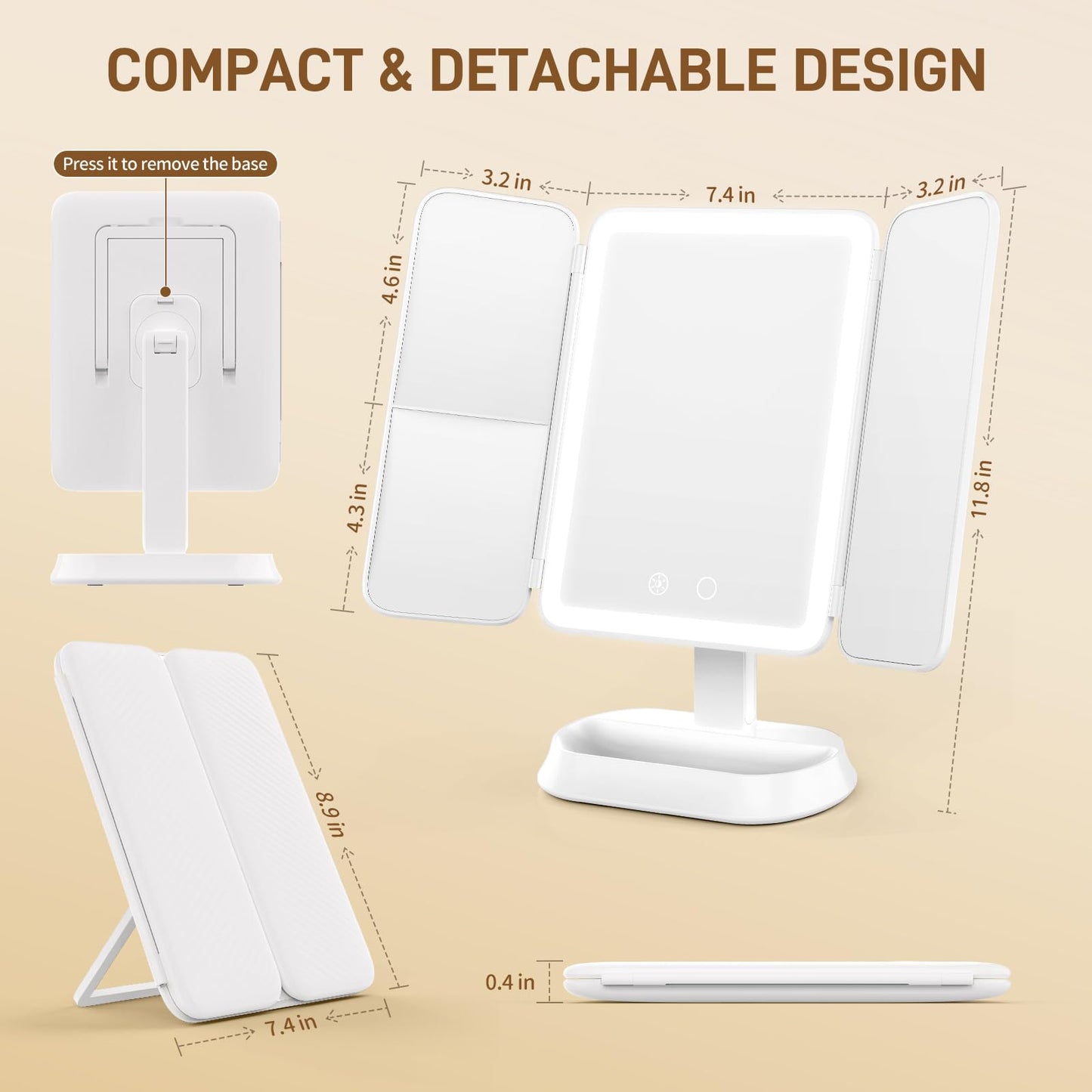 FRANO Makeup Mirror with Lights, Rechargeable Tri-Fold Magnifying Mirror,Touch Screen and 3X/5X/10X Magnification, Travel Mirror