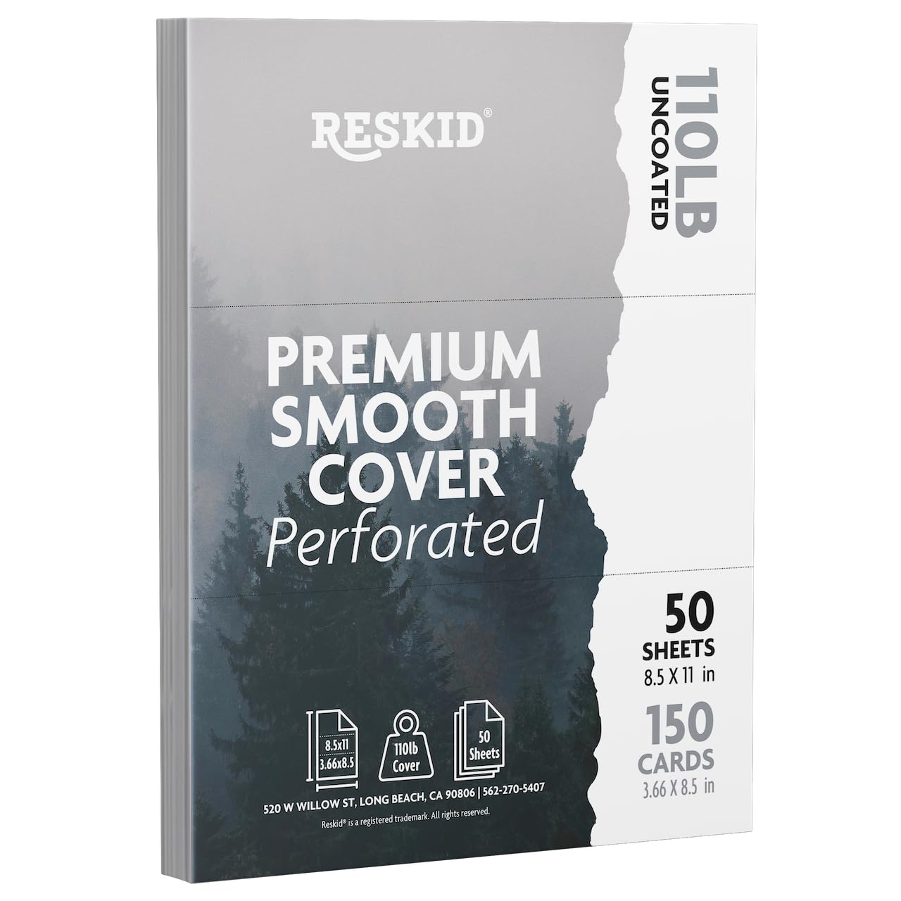 Reskid 50-Sheet Pack Of 110lb White Cardstock Thick Perforated Paper, 3.66x8.5 With 3 Per Page - 3.66x8.5 - Blank Heavy Weight Cover Card Stock - 50 Sheets With 150 Cards (3up - 3.66x8.5)