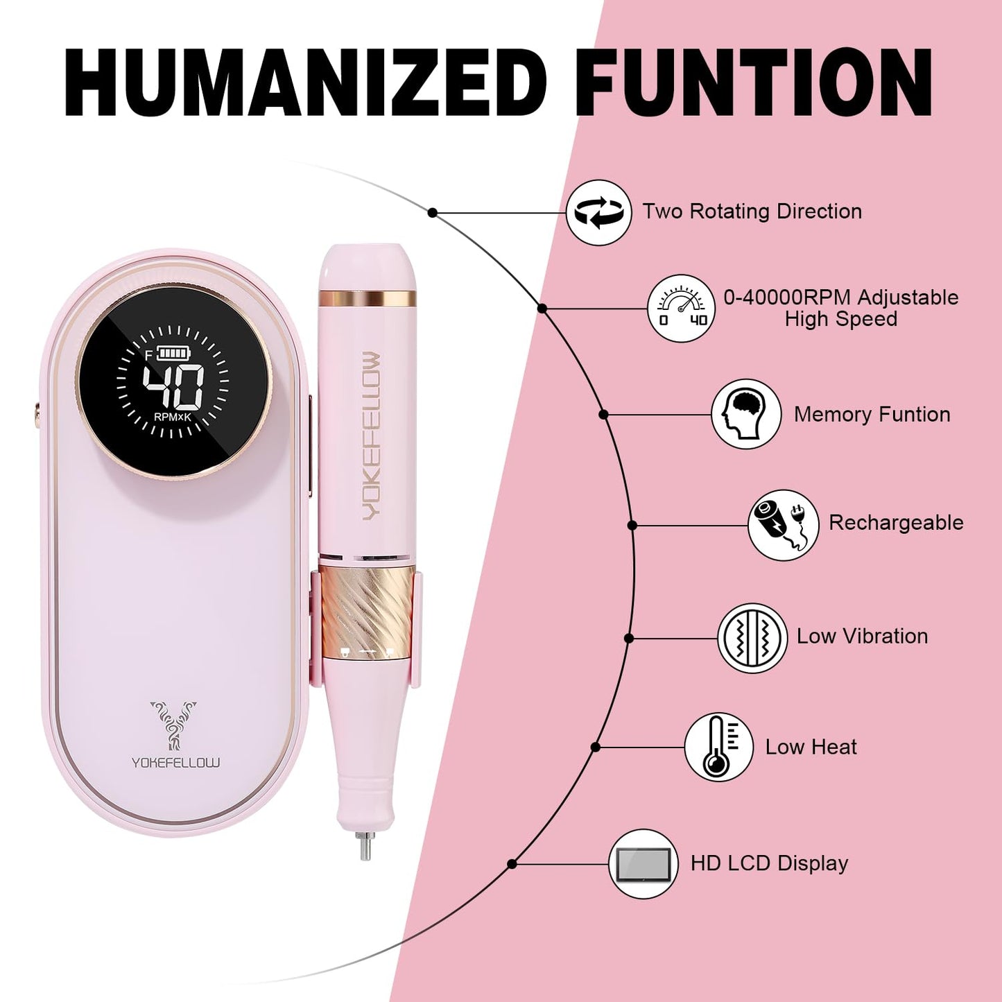 YOKE FELLOW Nail Drill Machine - 40000RPM Nail Drill Professional with 17 Drill Bits for Electric Nail File Manicure Pedicure Home Use (Pink)
