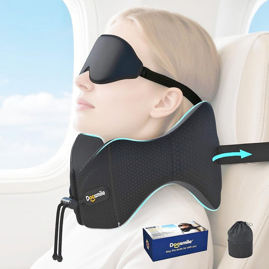 Doosmile Patented Head-Bobble-preventing Ergonomic 360° Supporting Golden Formula Memory Foam Travel Neck Pillow w/3D Contoured Eye Mask Set Long Trip Sleeping Essentials for Airplane Flight Car Bus