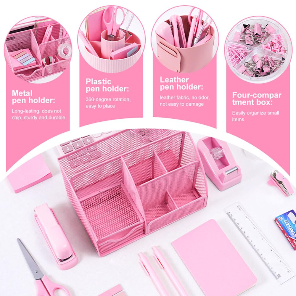 Gawsey Desk Organizers and Accessories with Desk Organizer 360° Rotating Pen Holder and Office Supplies, Cute Stationery Supplies Set (Pink)