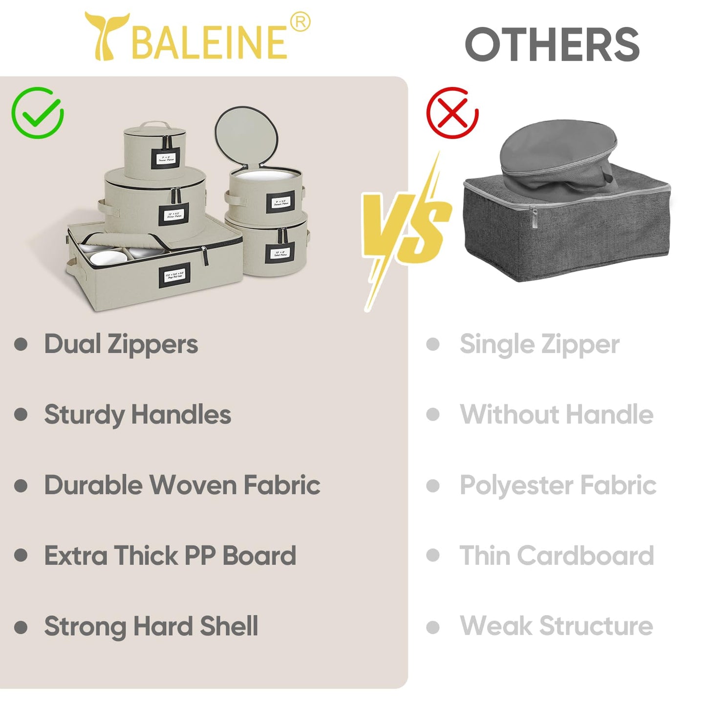 BALEINE China Storage Containers, Sturdy Quilted Wine Glass Storage, Plate Organizer with Carry Handles, Moving Boxes for Dishes, Cups, Mugs and Stemware (Plate Mug Combo, Hard Shell Cream)
