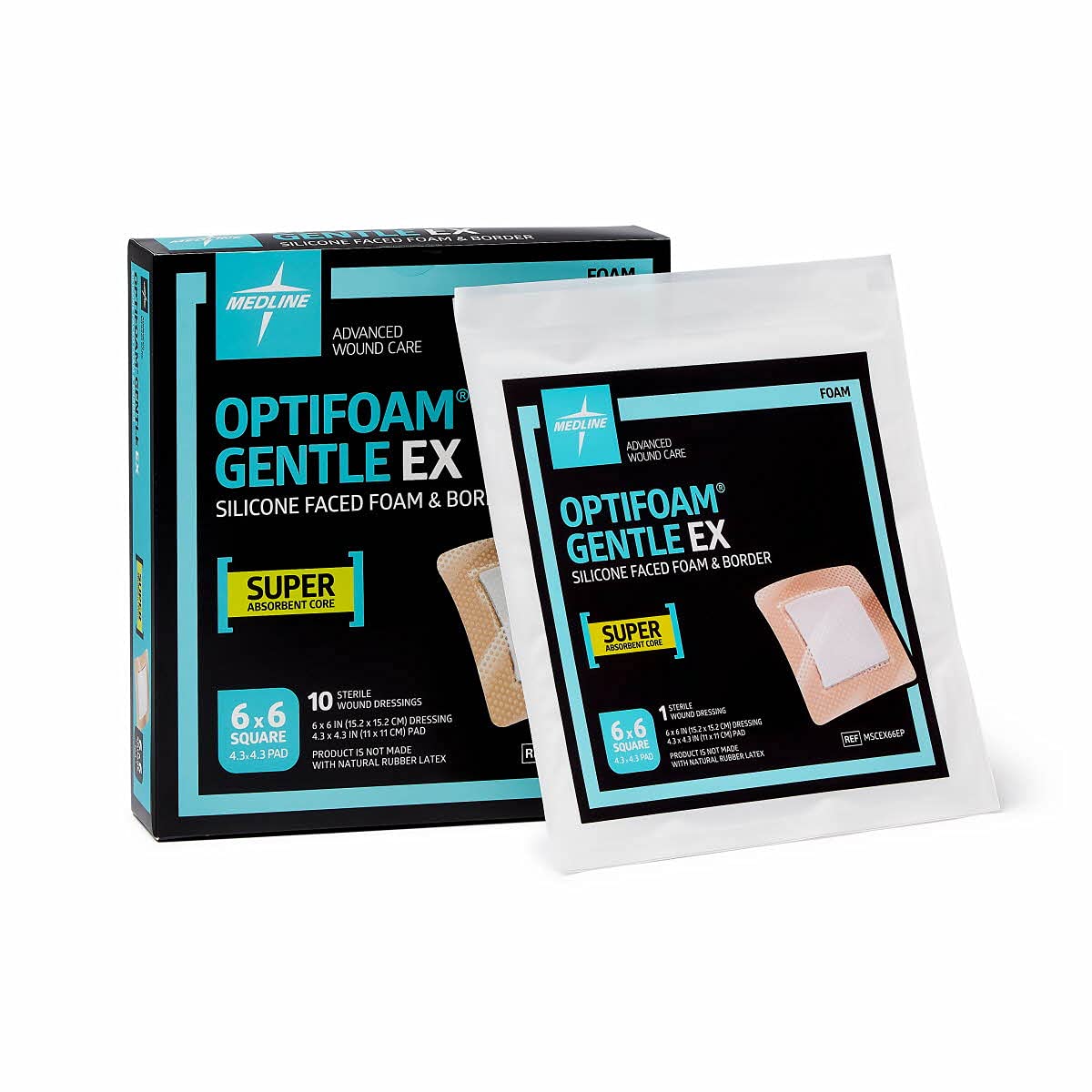 Medline Optifoam Gentle EX Bordered Foam Adhesive Dressing, 6" x 6" Square (10 Count)
