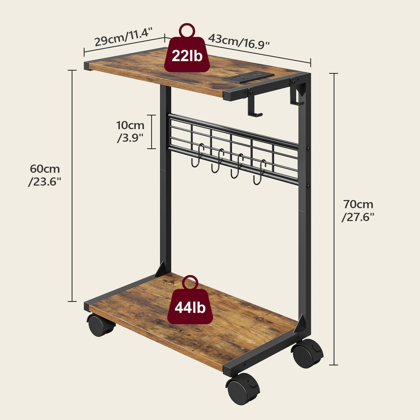 ZIIWIND PC Stand, Computer Tower Stand with Charging Station, 16.9"W x 11.4"D x 27.6"H, Computer Cart with Wheels and Hooks, CPU Holder for Carpet, Floor and Under Desk, Easy Assembly, Rustic Brown