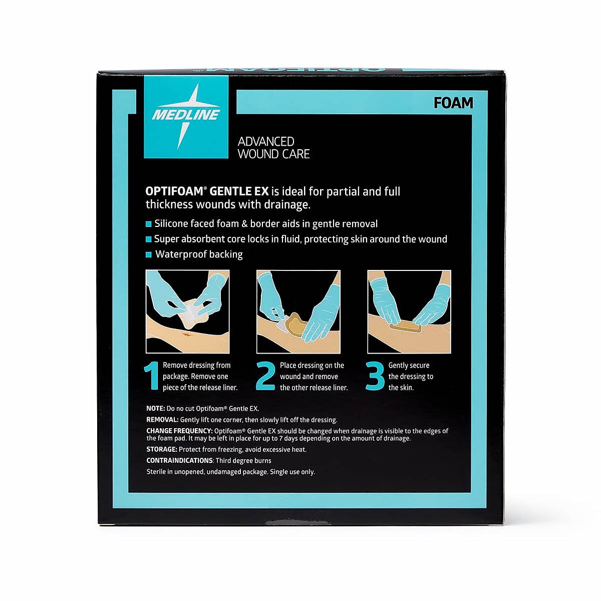 Medline Optifoam Gentle EX Bordered Foam Adhesive Dressing, 4" x 4" Square (10 Count)