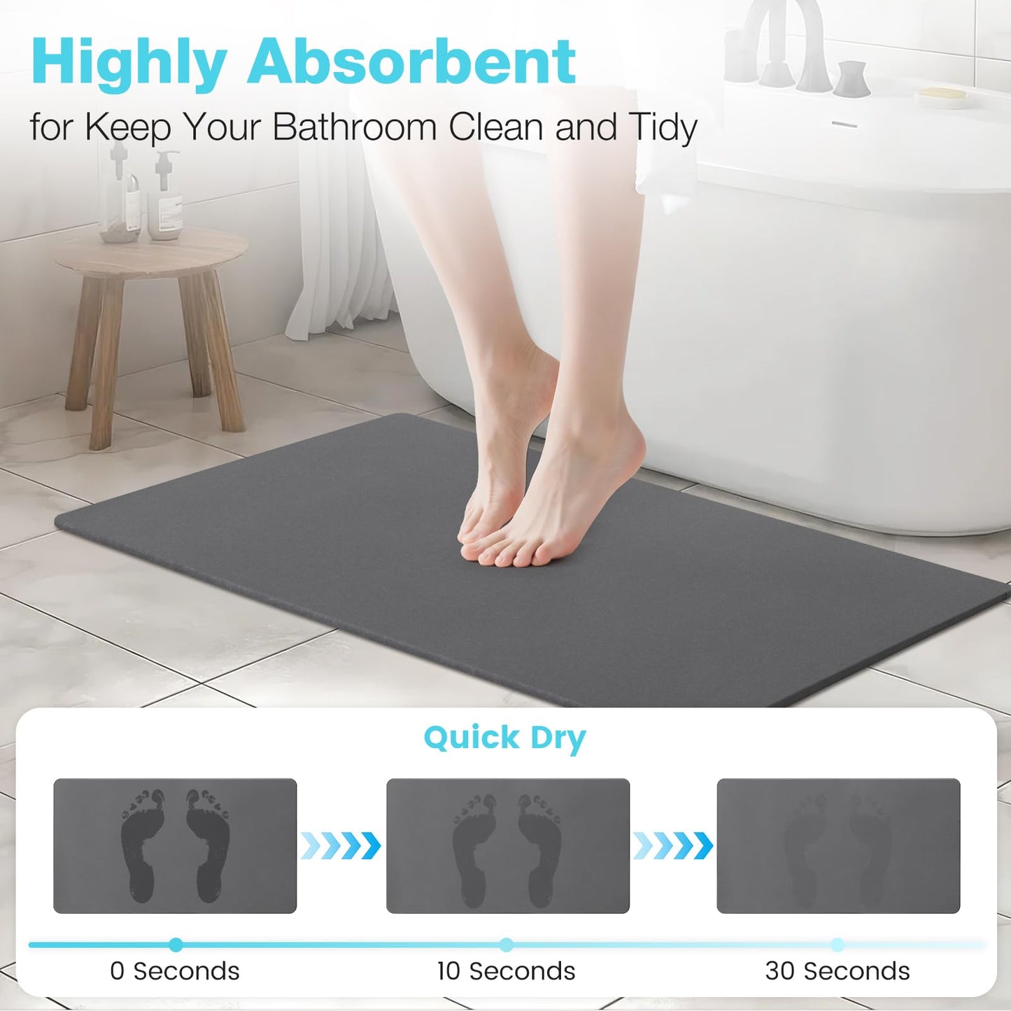 Yinoos Large Diatomite Stone Bath Mat, Premium Non-Slip Natural Diatomaceous Earth Bathtub Quick Drying Mats for Bathroom Floor (30" x 17" Dark Gray)