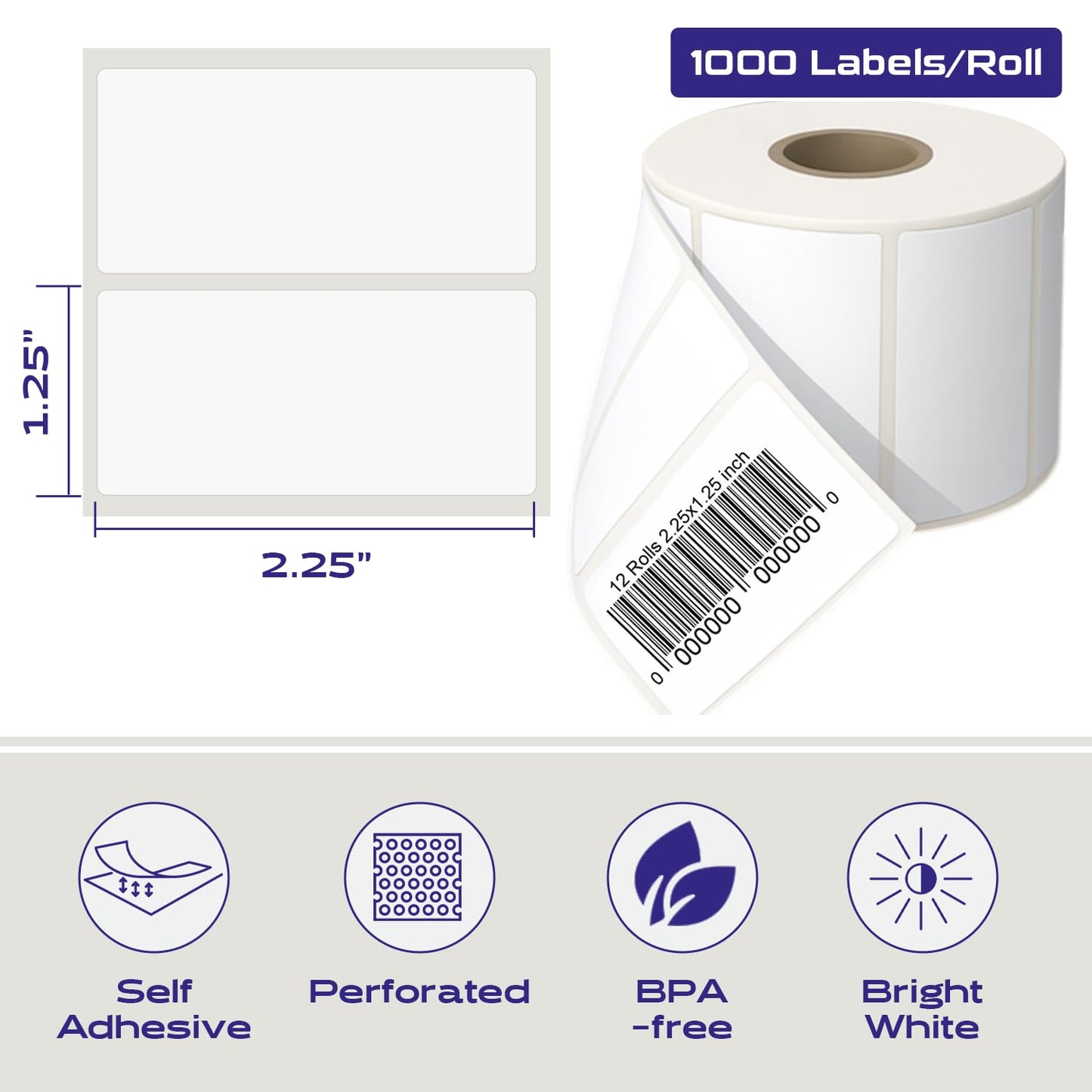 CEPRICO 2.25” x 1.25” Direct Thermal Labels – 12 Rolls (1000 Labels/Roll) Perforated Waterproof Barcode Address Sticker, Self-Adhesive White Label, Compatible w/Zebra & Rollo Printers for FBA Shipping