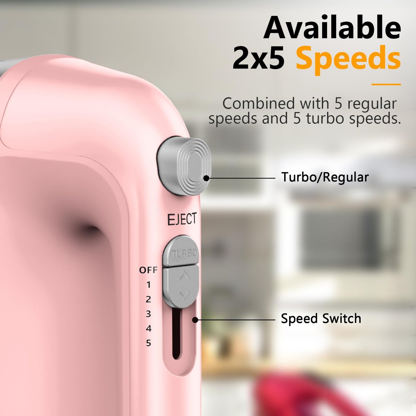 Hand Mixer Electric, 450W Kitchen Mixers with Scale Cup Storage Case, Turbo Boost/Self-Control Speed + 5 Speed + Eject Button + 5 Stainless Steel Accessories, For Easy Whipping Dough, Cream, Pink