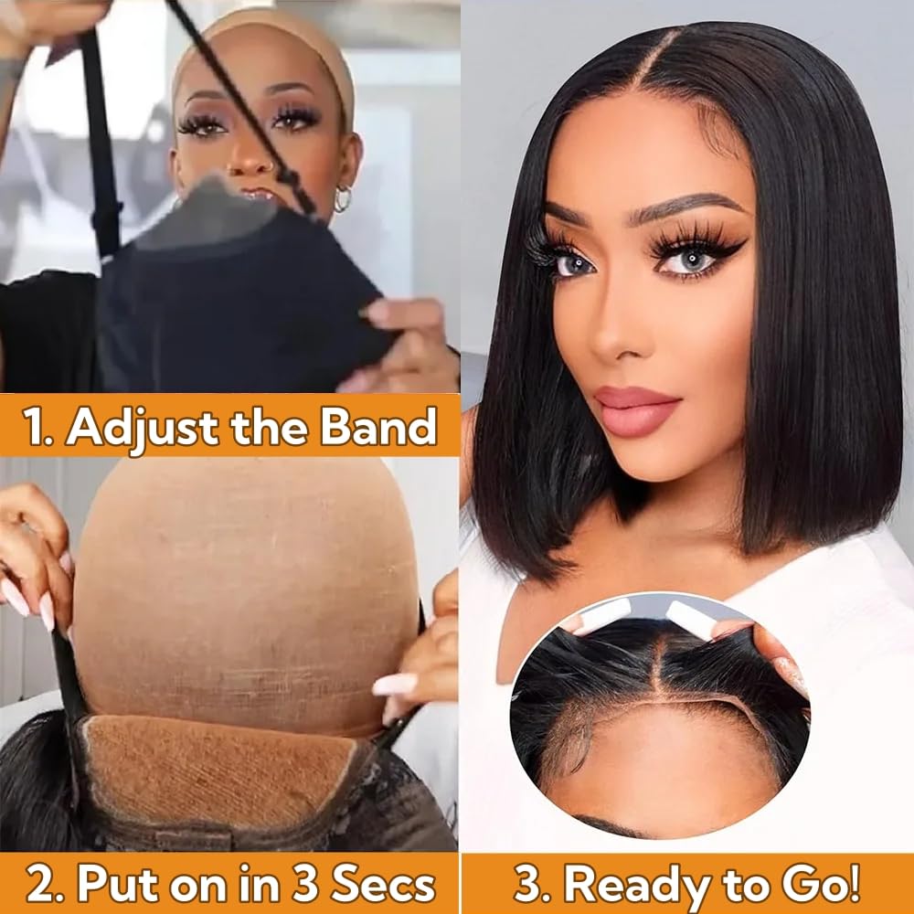 Bob Wig Human Hair Straight Glueless Wear and Go Pre Plucked Pre Cut 5x5 Hd Closure Bob Wig with Baby Hair Short Bob lace front Wigs for Women Brazilian Virgin Hair 180% Density Natural Black 14 Inch