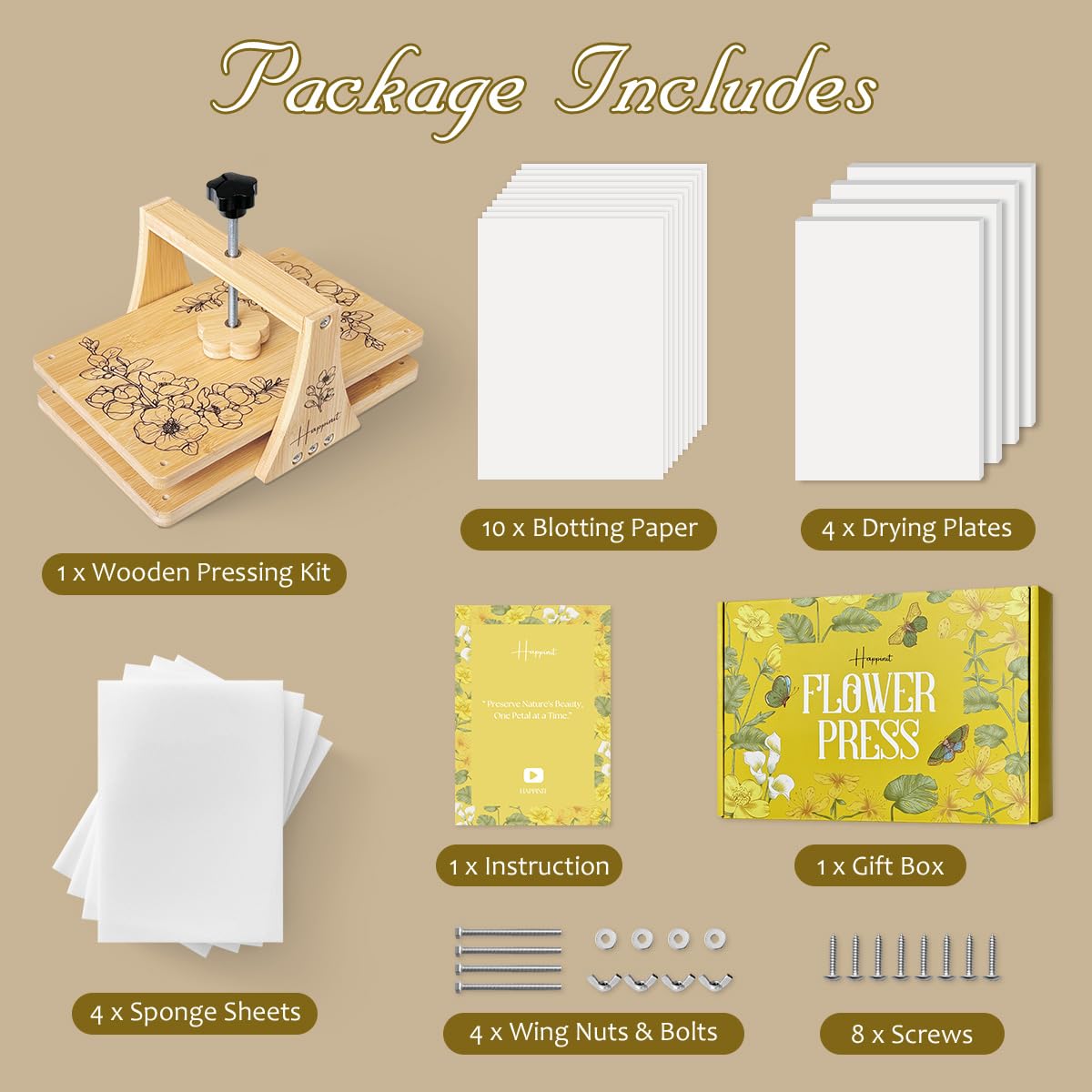 Happinit Large Flower Press Kit, 6 Layers 11" x7" Even Pressure Flower Pressed DIY Arts, Flower Pressing Kit for Adults, Dried Flower Plant Preservation Kit for Craft Lovers