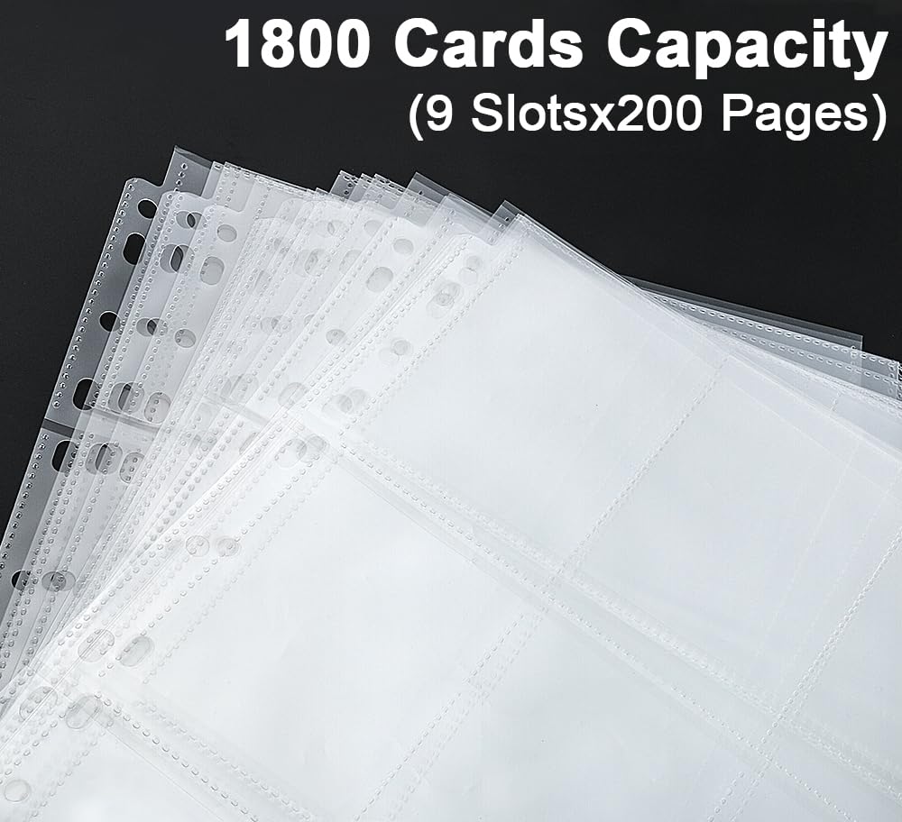 Trading Card Sleeve Pages, HERKKA 200 Pack 9 Pocket Album Pages 11 Holes Fit 3 Ring Binder