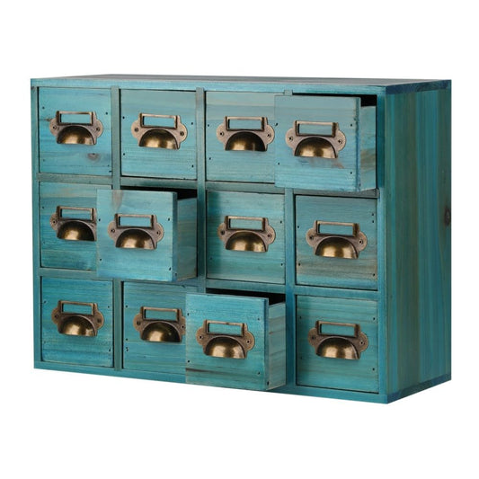 Apothecary Drawers Card Catalog Cabinet with 12 Drawers Wooden Card Catalog Wooden Storage Box for Desktop Organizer (Blue)