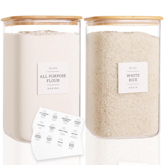 CZZGSM 2 Pack Square Glass Flour and Sugar Containers with 132 Kitchen Pantry Labels - Thicken 149 FL OZ Large Glass Storage Jars with Airtight Bamboo Lid - Big Food Canisters for Rice, Pasta, Cookie