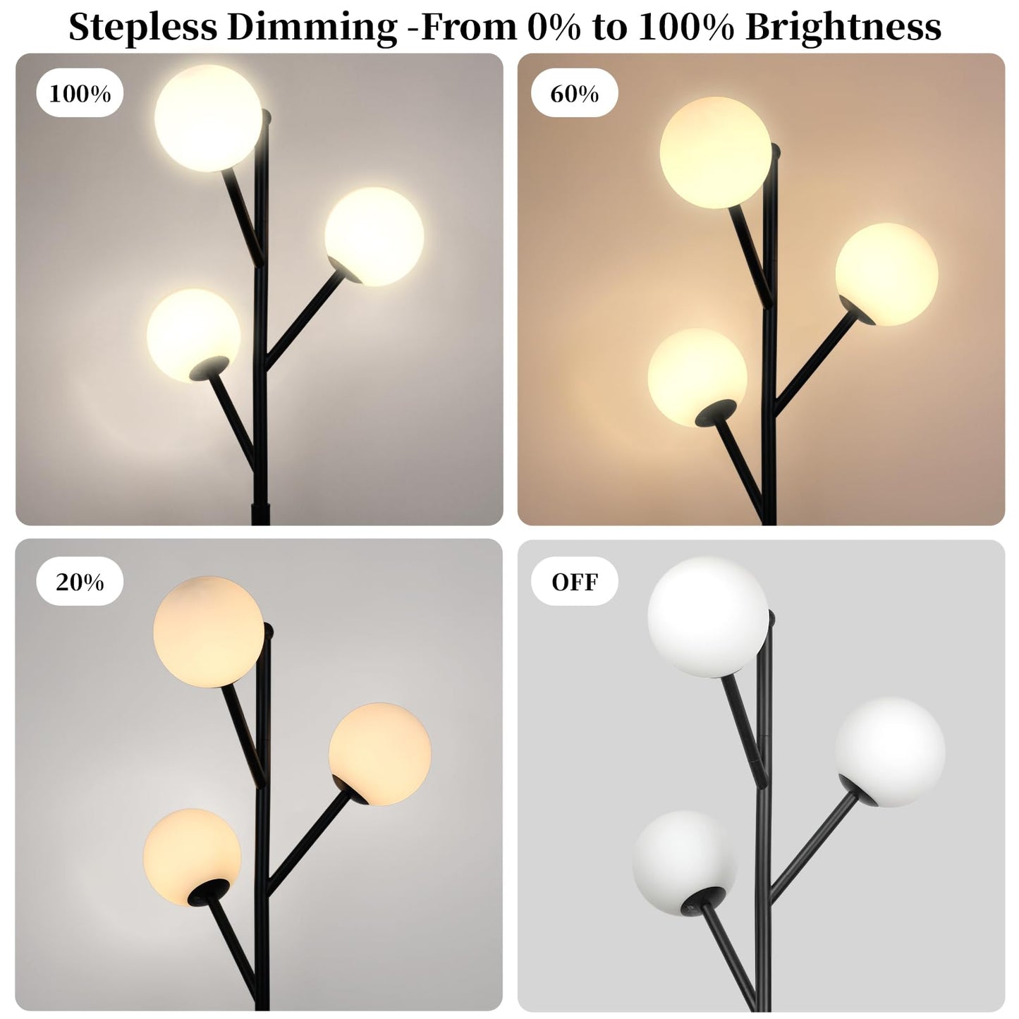 Ldeco 3-Globe Mid Century Black Tree Floor Lamp for Living Room,70in Tall Modern Stepless Dimmable Standing Lamp with Frosted Glass Shade for Office Bedroom, Study Room Bulbs Included(dimmer-Black)