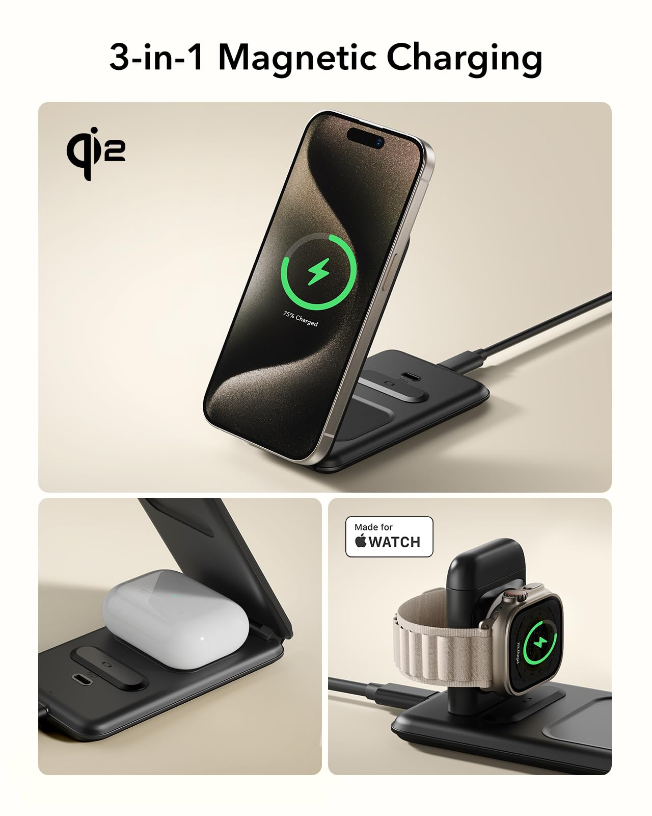 ESR Qi2 3 in 1 Charging Station for Apple, [Certified] Apple Watch Charger & Qi2 15W MagSafe Charger Stand for iPhone, Travel Charger for Multiple Devices, iPhone 15/14/13, Watch & AirPods, Black